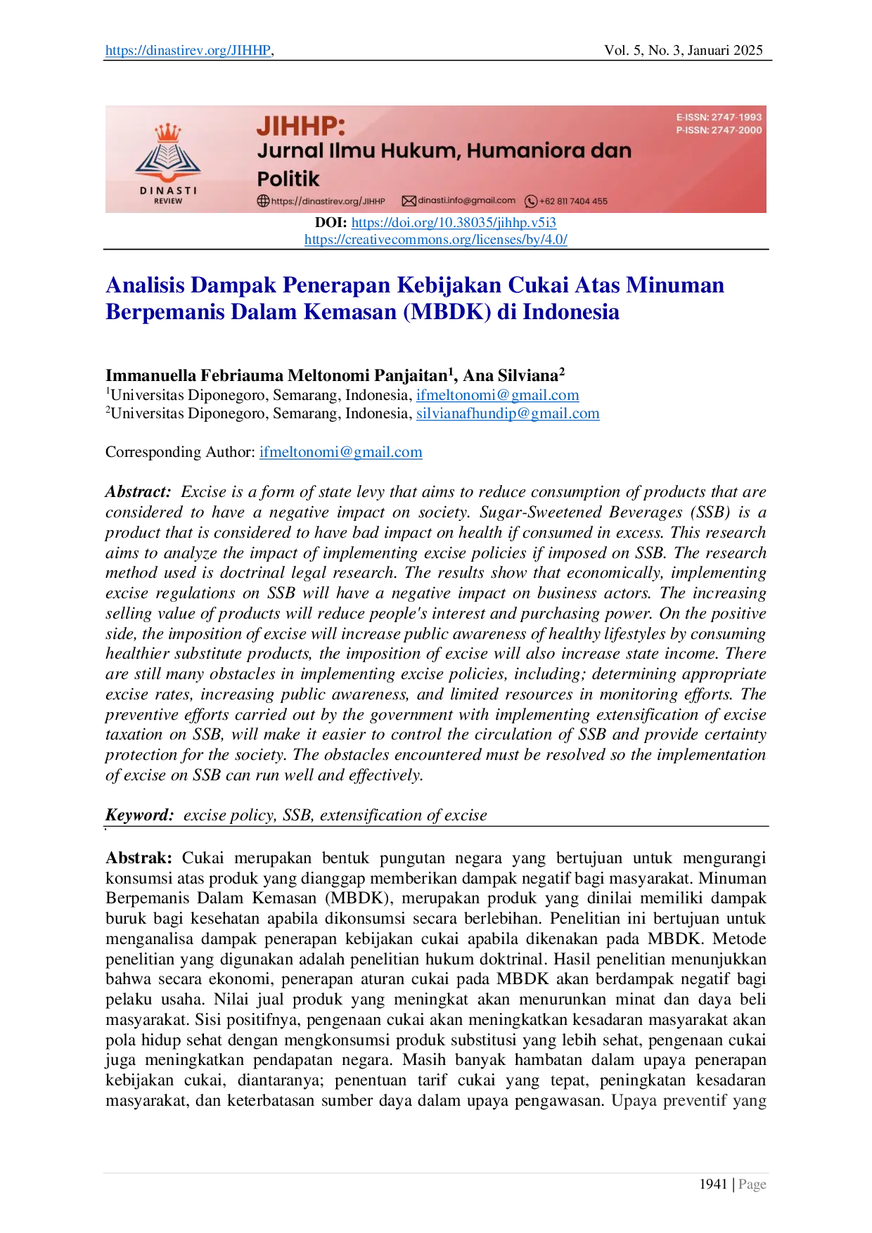 JURIS Analisis Dampak Penerapan Kebijakan Cukai Atas Minuman Berpemanis Dalam Kemasan MBDK di Indonesia