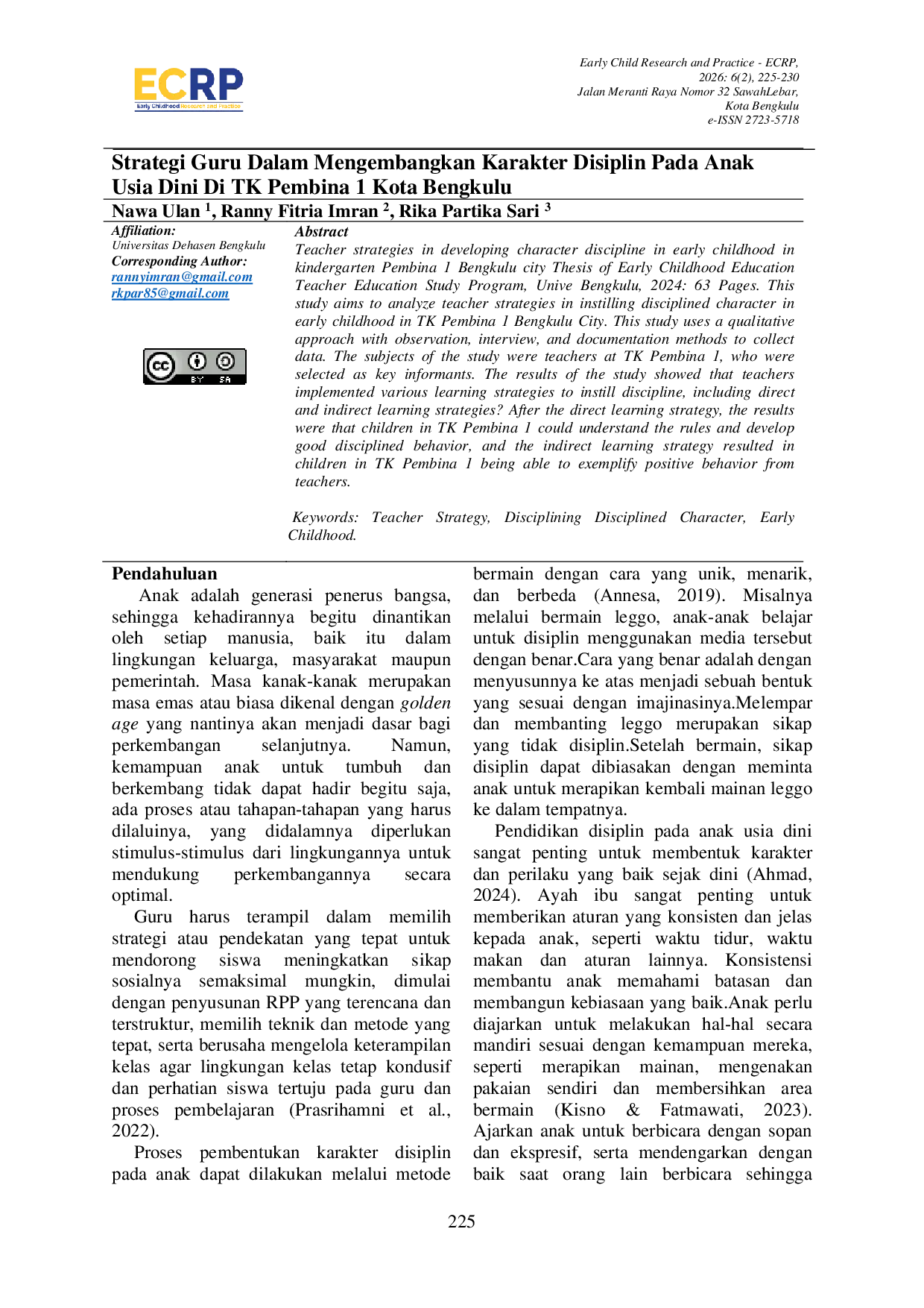 JURIS Strategi Guru Dalam Mengembangkan Karakter Disiplin Pada Anak Usia Dini Di TK Pembina 1 Kota Bengkulu
