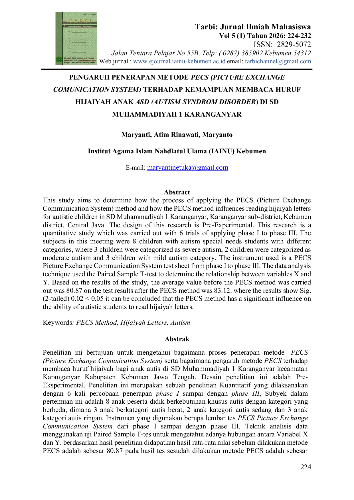 JURIS Pengaruh Penerapan Metode PECS Picture Exchange Comunication System Terhadap Kemampuan Membaca Huruf Hijaiyah Anak Asd Autism Syndrom Disorder Di SD Muhammadiyah 1 Karanganyar