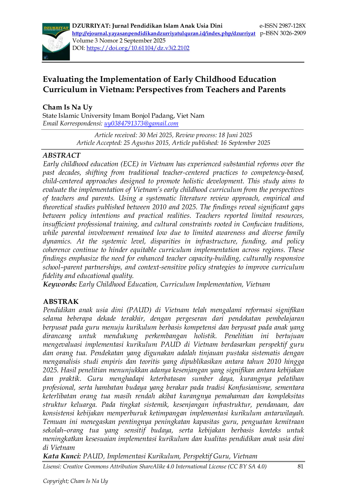 JURIS Evaluating the Implementation of Early Childhood Education Curriculum in Vietnam Perspectives from Teachers and Parents