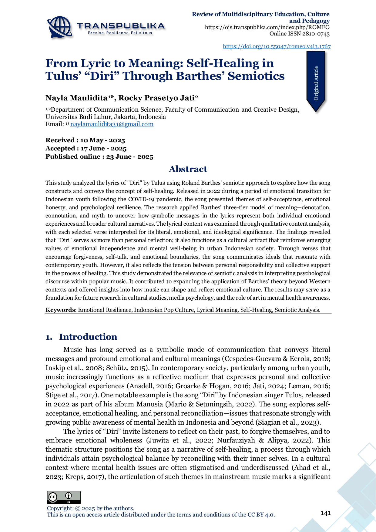 JURIS From Lyric to Meaning Self Healing in Tulus Diri Through Barthes Semiotics