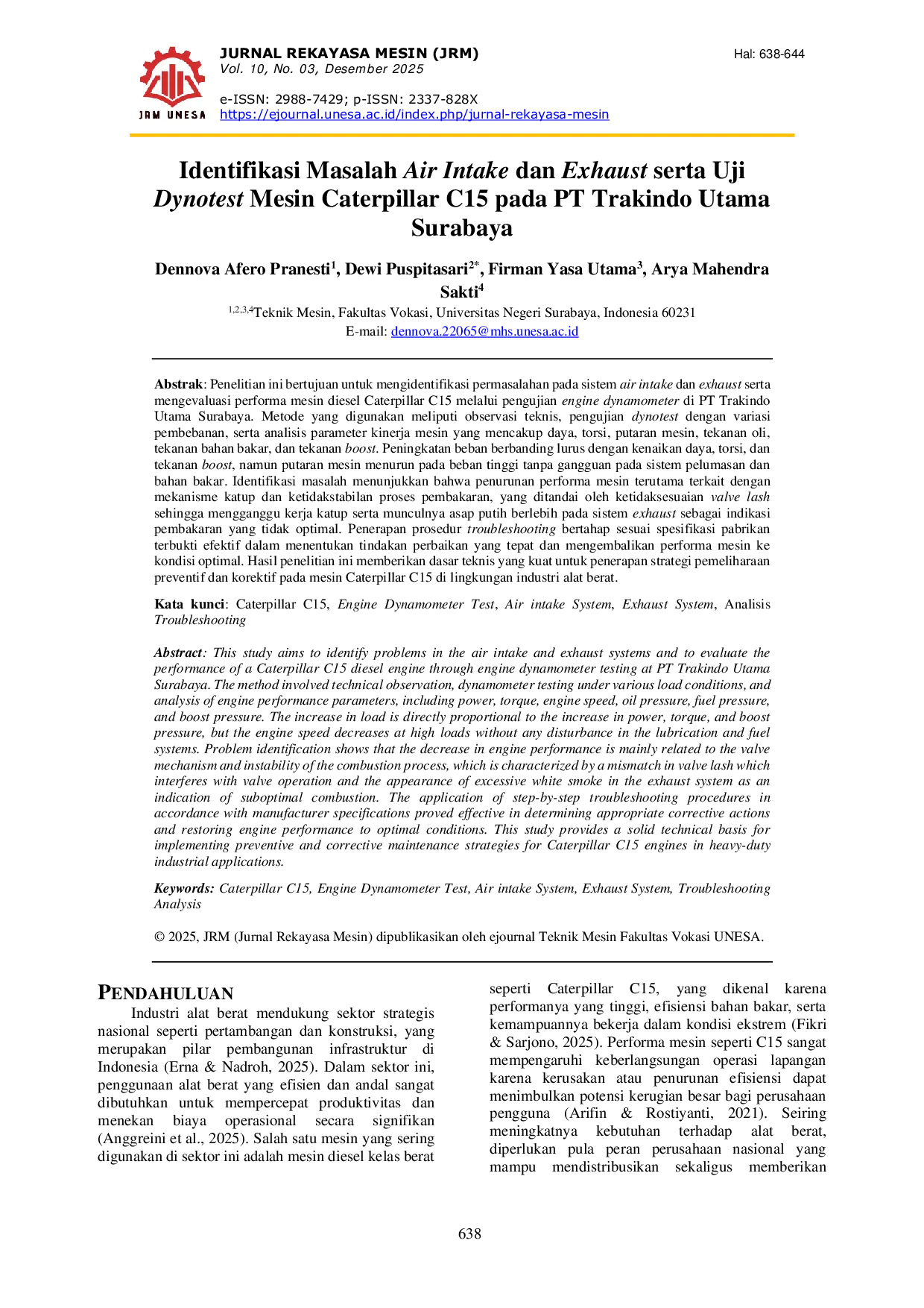 JURIS Identification of Air Intake and Exhaust Problems and Testing Caterpillar C15 Engine Dynotest at PT Trakindo Utama Surabaya