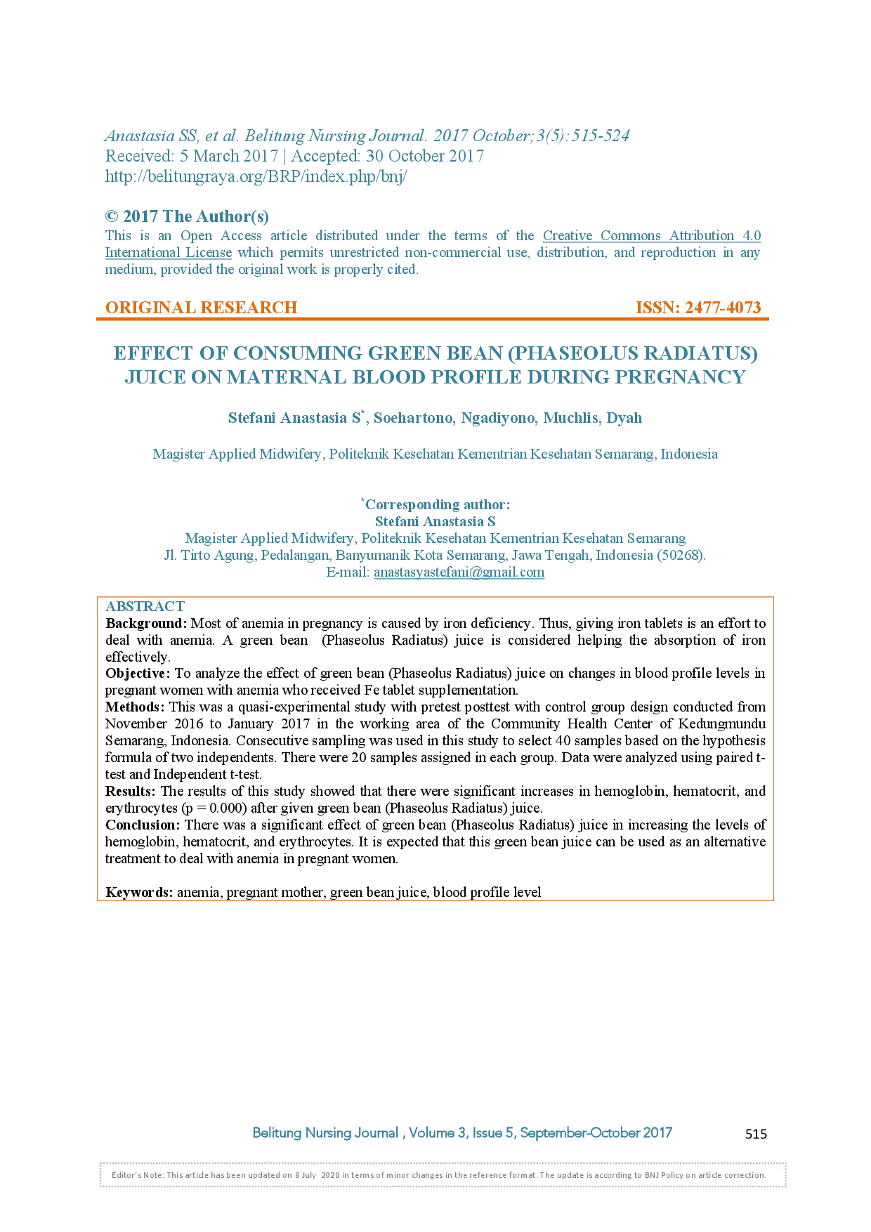 juris Effect of Consuming Green Bean Phaseolus Radiatus Juice on Maternal Blood Profile During Pregnancy