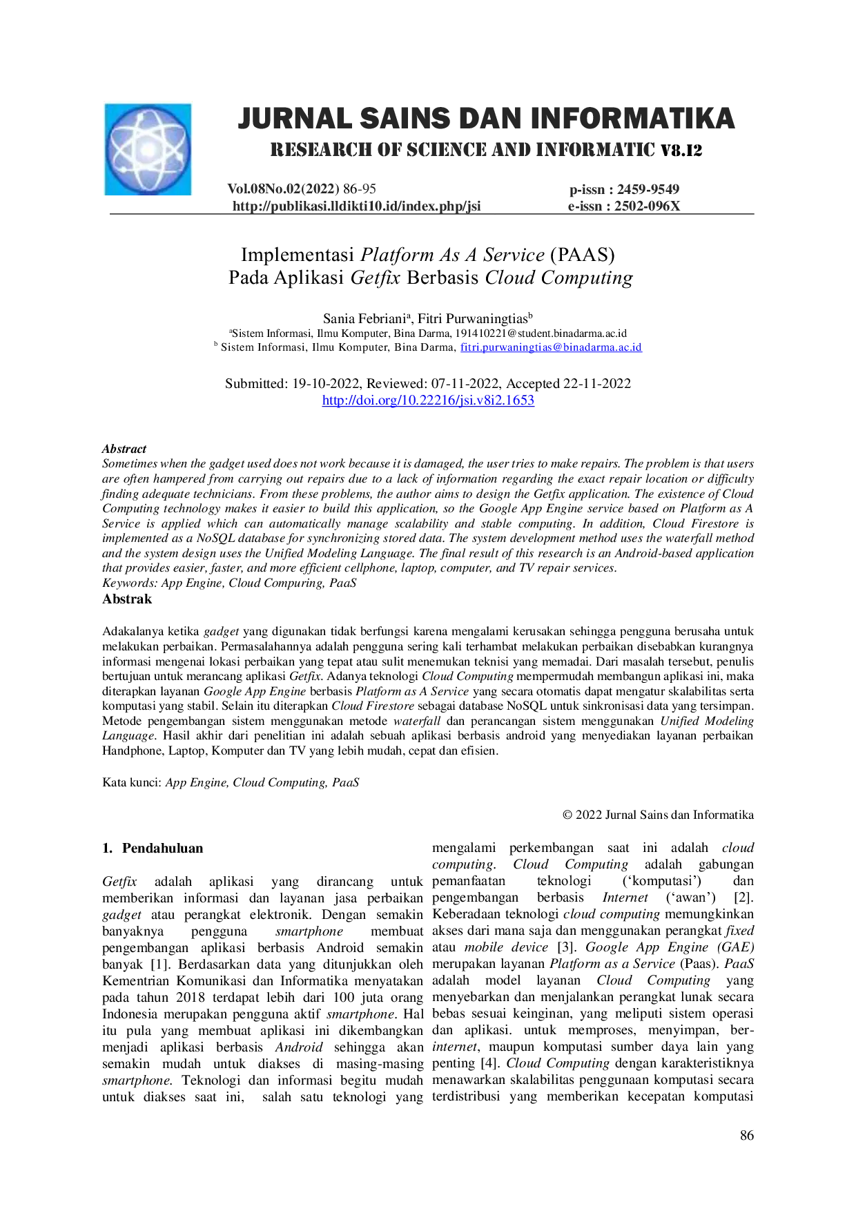 JURIS Implementasi Platform As A Service PAAS Pada Aplikasi Getfix Berbasis Cloud Computing
