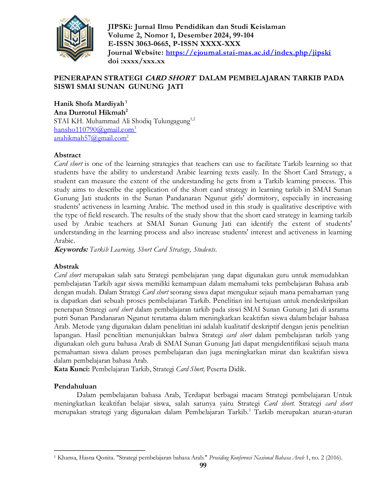 JURIS Penerapan Strategi Card Short Dalam Pembelajaran Tarkib Pada Siswi Smai Sunan Gunung Jati