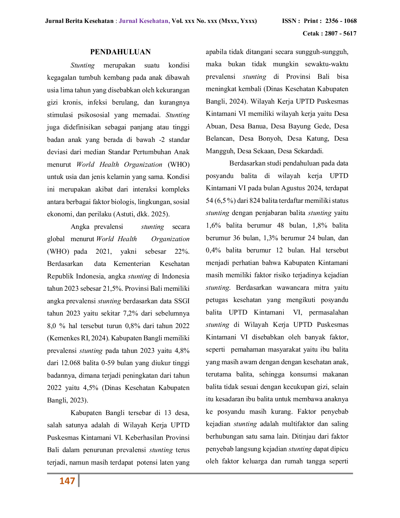 JURIS Gambaran Faktor Risiko Stunting pada Balita di UPTD Puskesmas Kintamani VI 2025