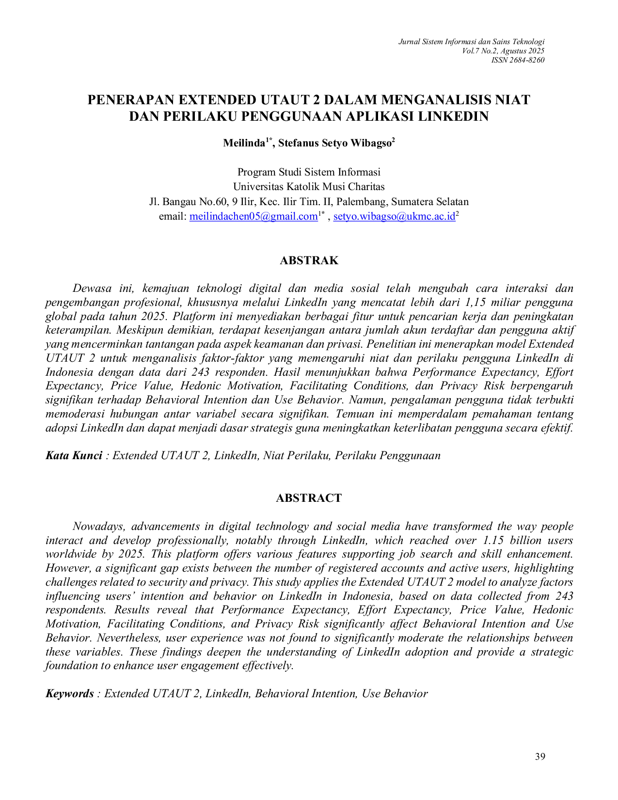 JURIS Penerapan Extended UTAUT 2 dalam Menganalisis Niat dan Perilaku Penggunaan Aplikasi LinkedIn