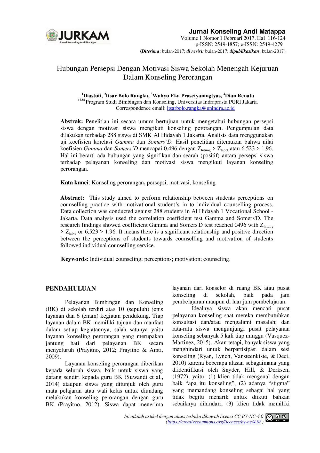 JURIS Hubungan Persepsi Dengan Motivasi Siswa Sekolah Menengah Kejuruan Dalam Konseling Perorangan