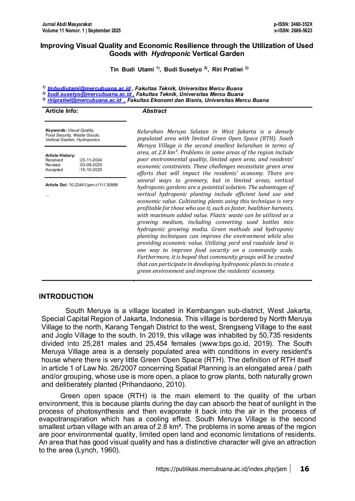 JURIS Peningkatan Kualitas Visual dan Ketahanan Ekonomi melalui Pemanfaatan Barang Bekas dengan Vertical Garden Hidroponik