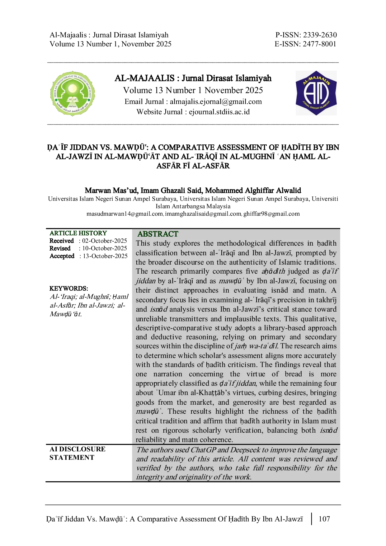 JURIS Uaf Jiddan Vs Maws A Comparative Assessment of adth by Ibn Al Jawz in Al MawsAt and AlAcIrAq in AlAcMughn An aml alAcAsfAr f alAcAsfAr