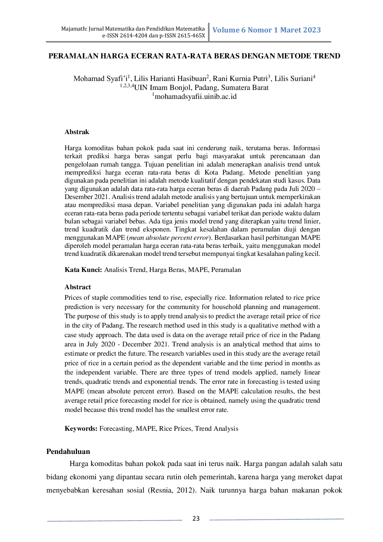 JURIS Peramalan Harga Eceran Rata rata Beras dengan Metode Trend