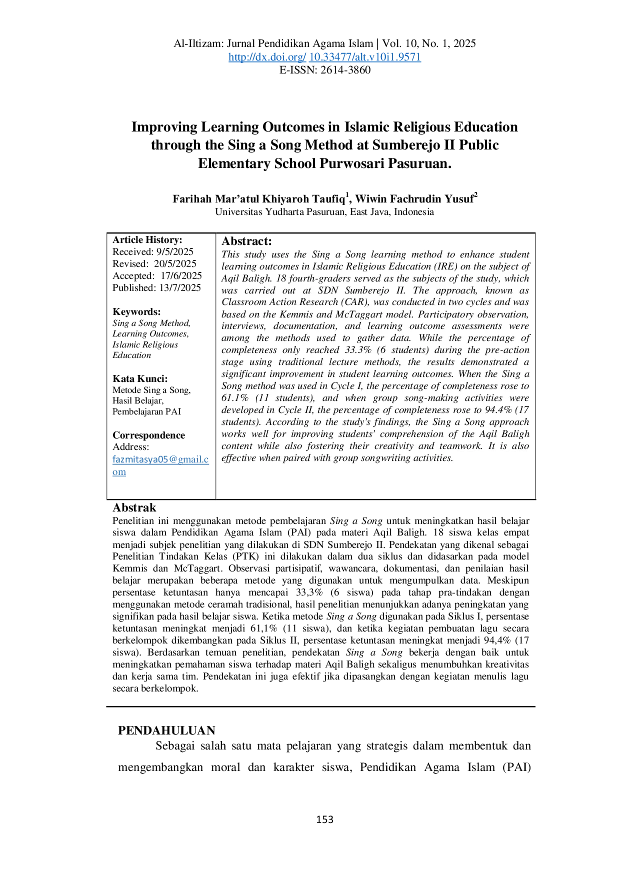 JURIS Improving Learning Outcomes in Islamic Religious Education through the Sing a Song Method at Sumberejo II Public Elementary School Purwosari Pasuruan