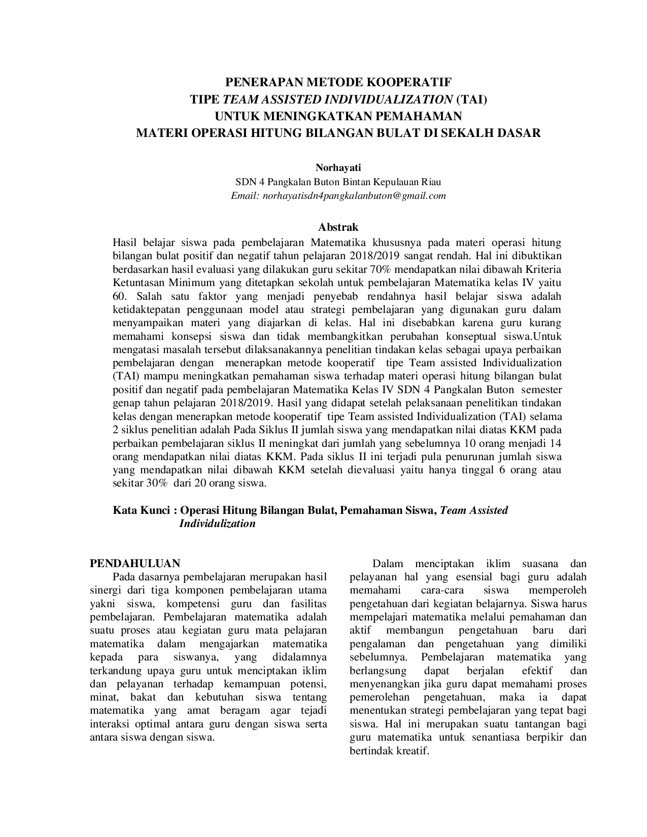 juris Penerapan Metode Kooperatif Tipe Team Assisted Individualization TAI untuk Meningkatkan Pemahaman Materi Operasi Hitung Bilangan Bulat di Sekolah Dasar
