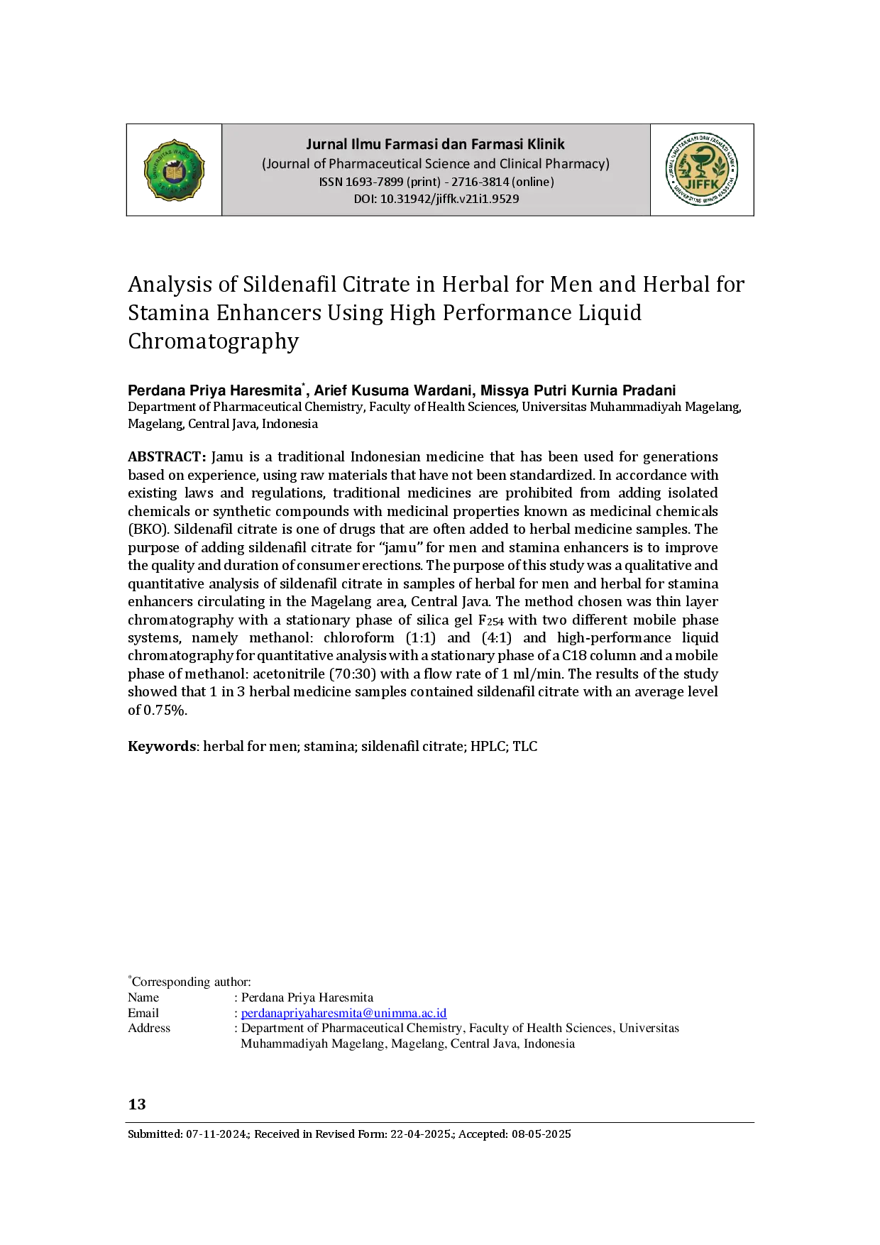 juris Analysis of Sildenafil Citrate in Herbal for Men and Herbal for Stamina Enhancers Using High Performance Liquid Chromatography