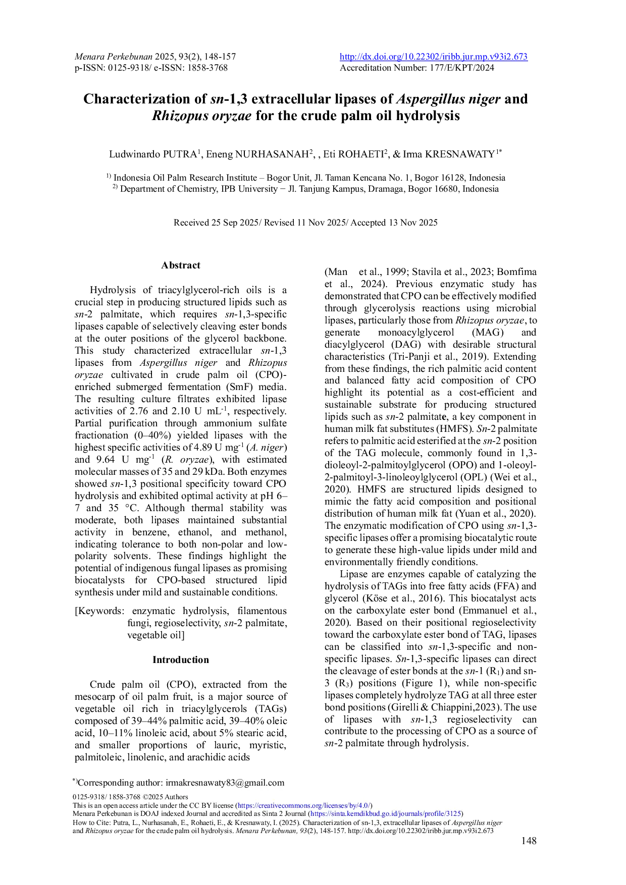 JURIS Characterization of sn 1 3 Extracellular Lipases of Aspergillus niger and Rhizopus oryzae for the Crude Palm Oil Hydrolysis
