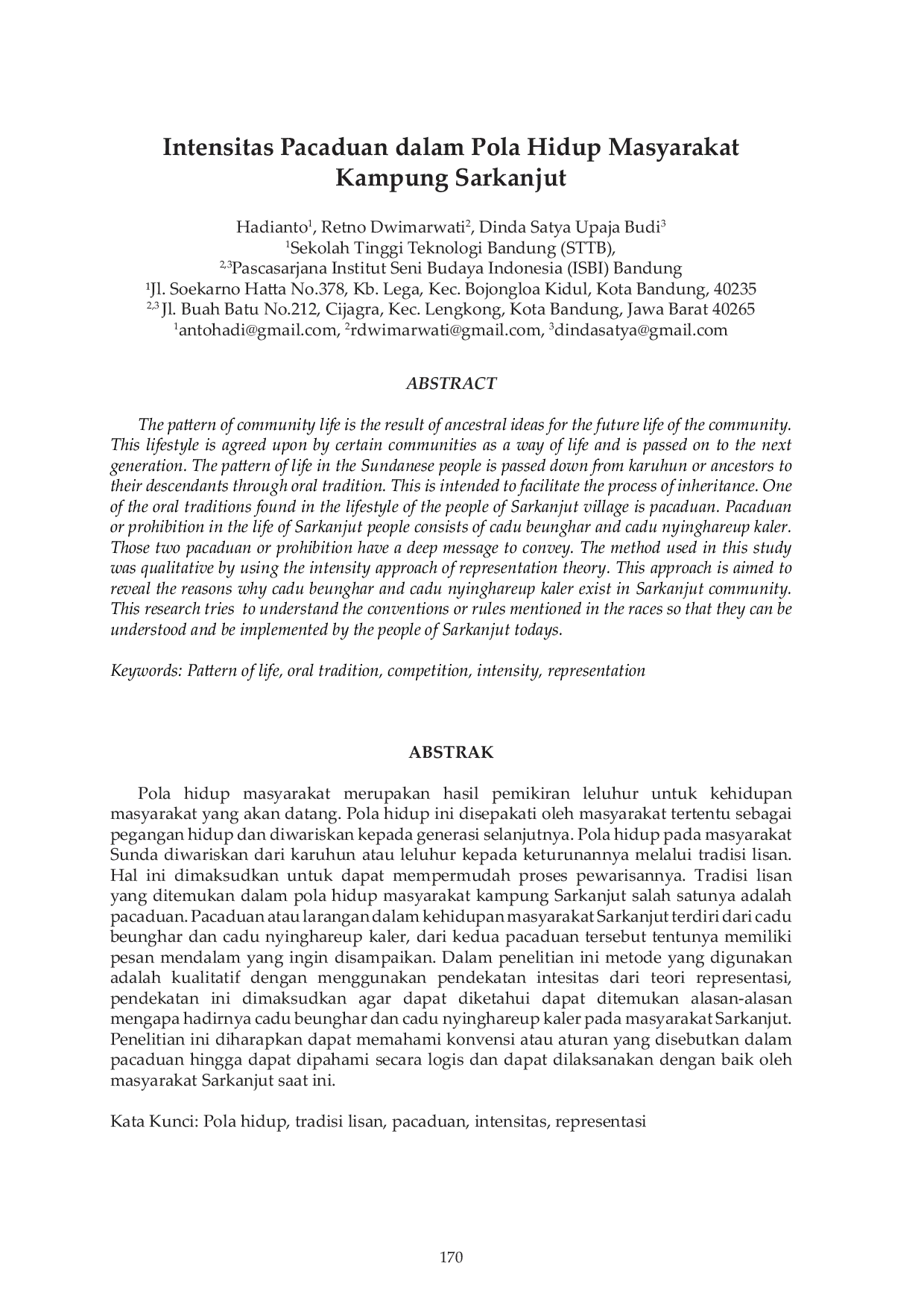 JURIS Intensitas Pacaduan dalam Pola Hidup Masyarakat Kampung Sarkanjut