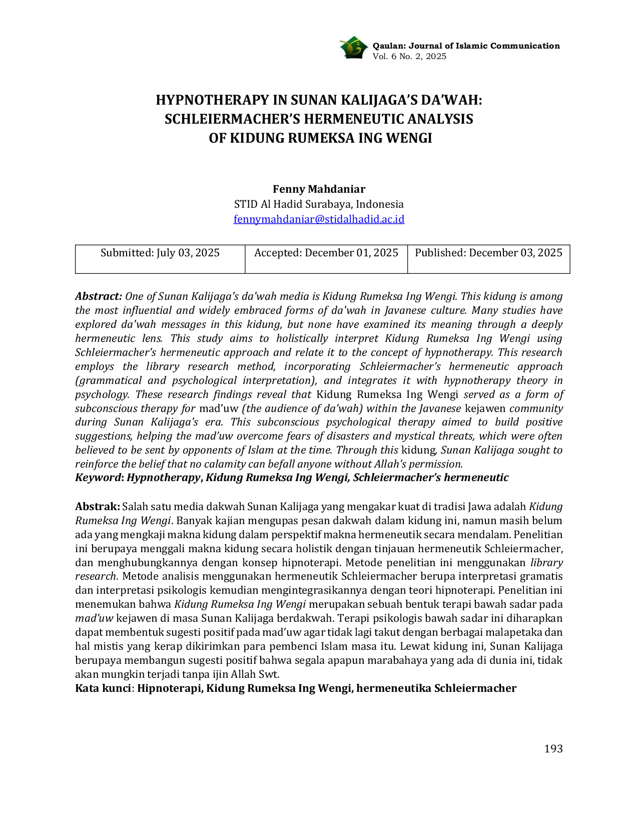 JURIS Hypnotherapy in Sunan Kalijaga s Da wah Schleiermacher s Hermeneutic Analysis of Kidung Rumeksa Ing Wengi
