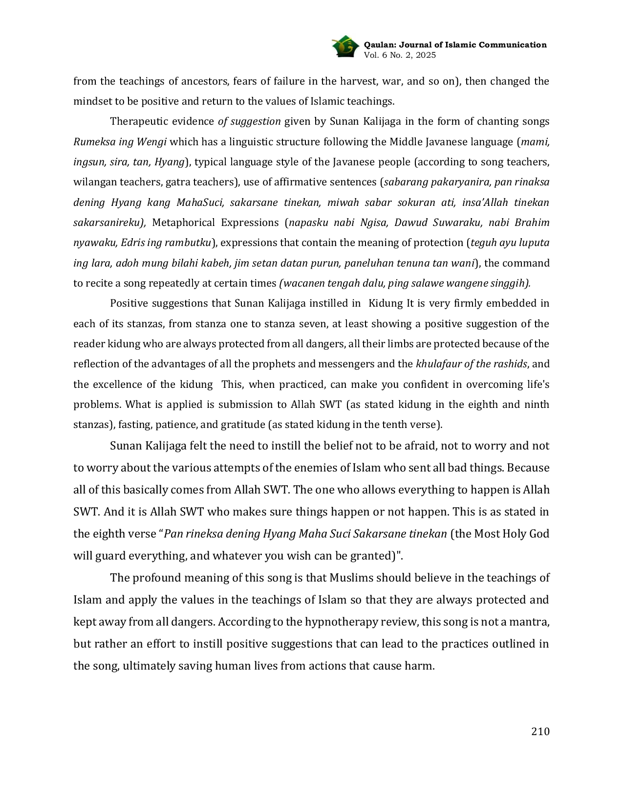 JURIS Hypnotherapy in Sunan Kalijaga s Da wah Schleiermacher s Hermeneutic Analysis of Kidung Rumeksa Ing Wengi