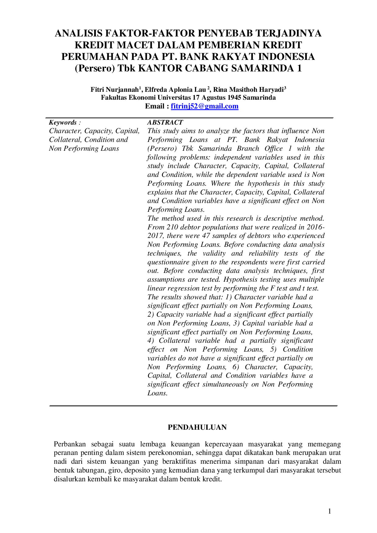 JURIS ANALISIS FAKTOR FAKTOR PENYEBAB TERJADINYA KREDIT MACET DALAM PEMBERIAN KREDIT PERUMAHAN PADA PT BANK RAKYAT INDONESIA Persero Tbk KANTOR CABANG SAMARINDA 1