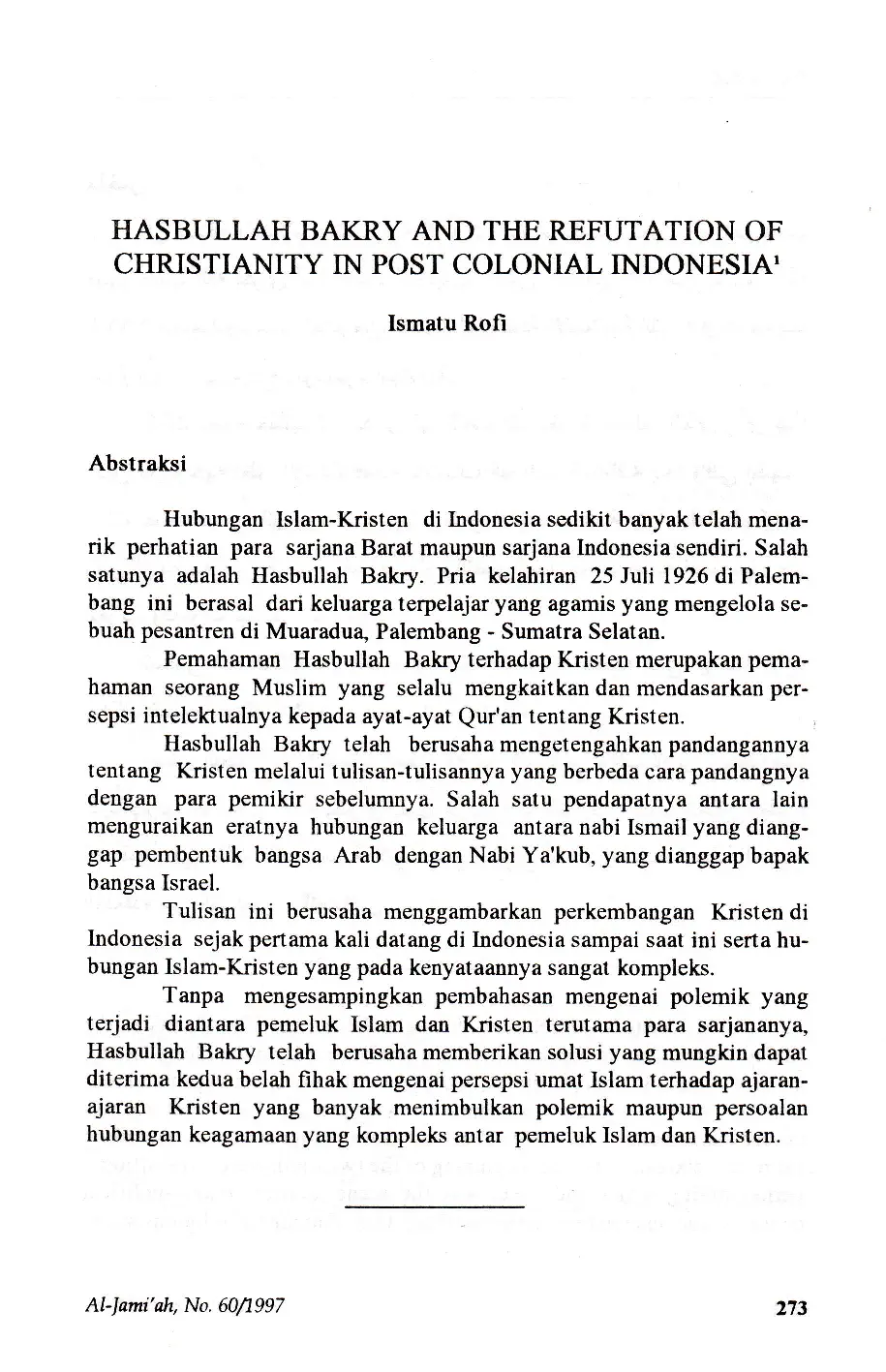 JURIS Hasbullah Bakry and The Refutation of Christianity in Post Colonial Indonesia