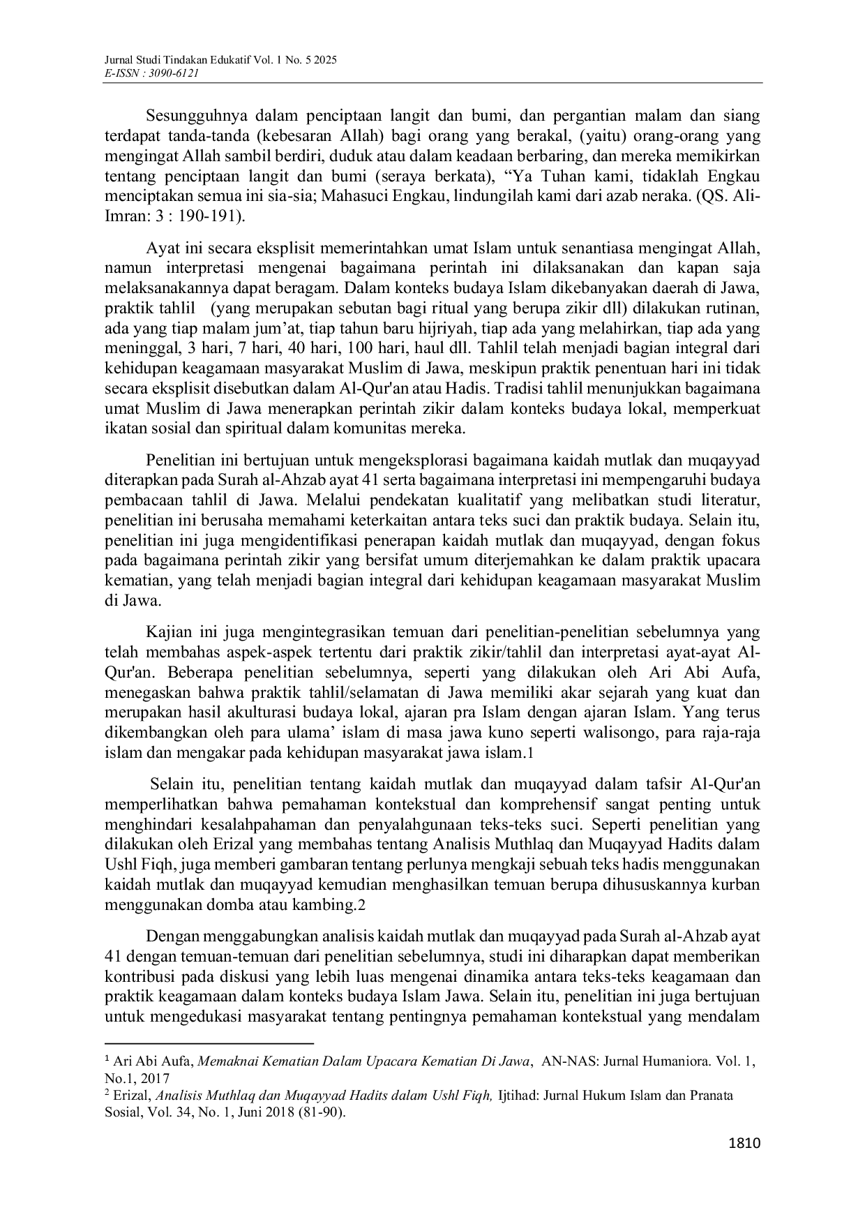 JURIS Absolut Dalam Ayat Ayat Al Qur an Kajian Terhadap Kaidah Mutlak dan Muqayyad Pada Surah Al Ahzab Ayat 41 Dan Implikasinya Terhadap Budaya Pembacaan Tahlil Saat Upacara Kematian di Jawa