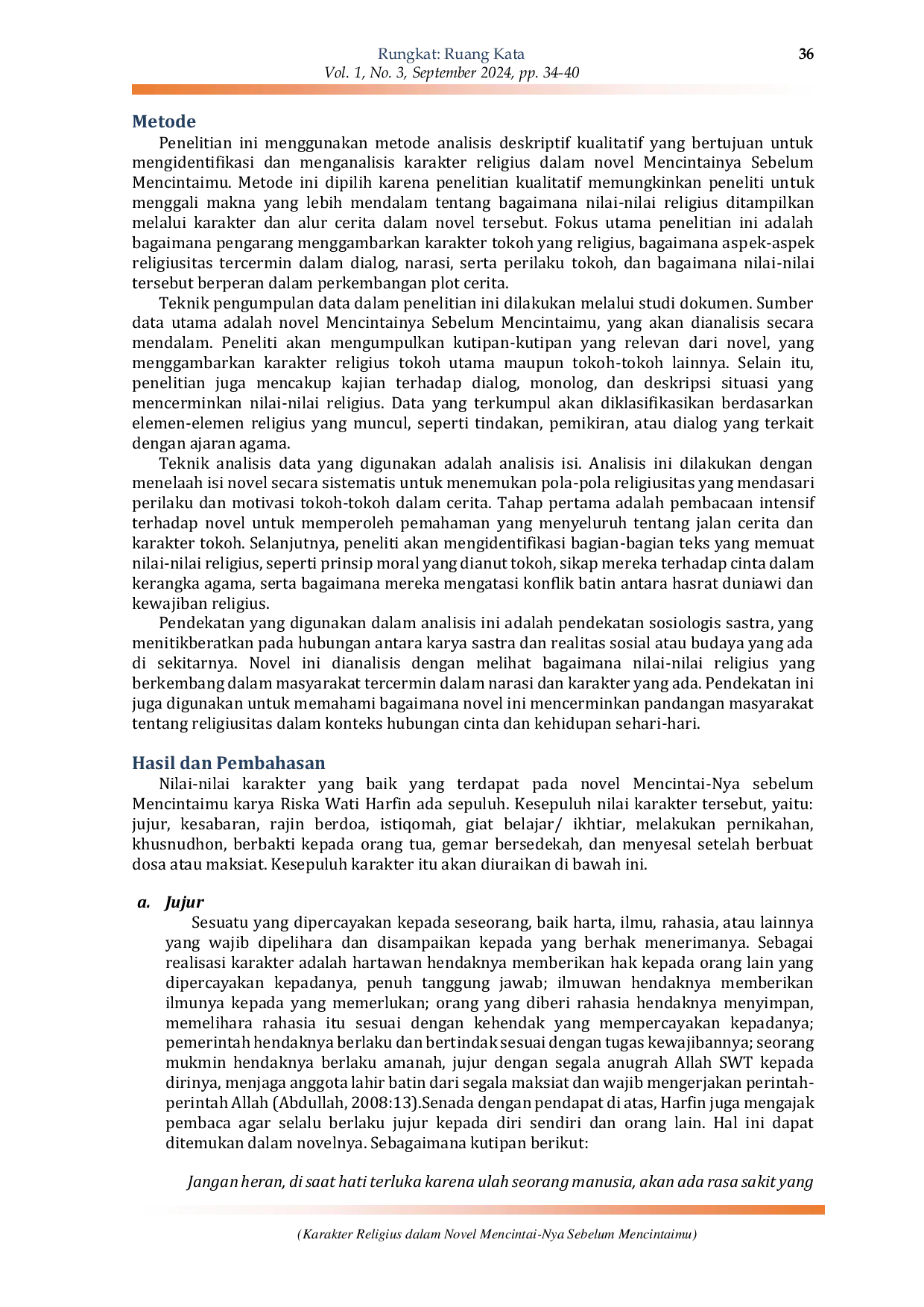 JURIS Karakter Religius dalam Novel Mencintai Nya Sebelum Mencintaimu