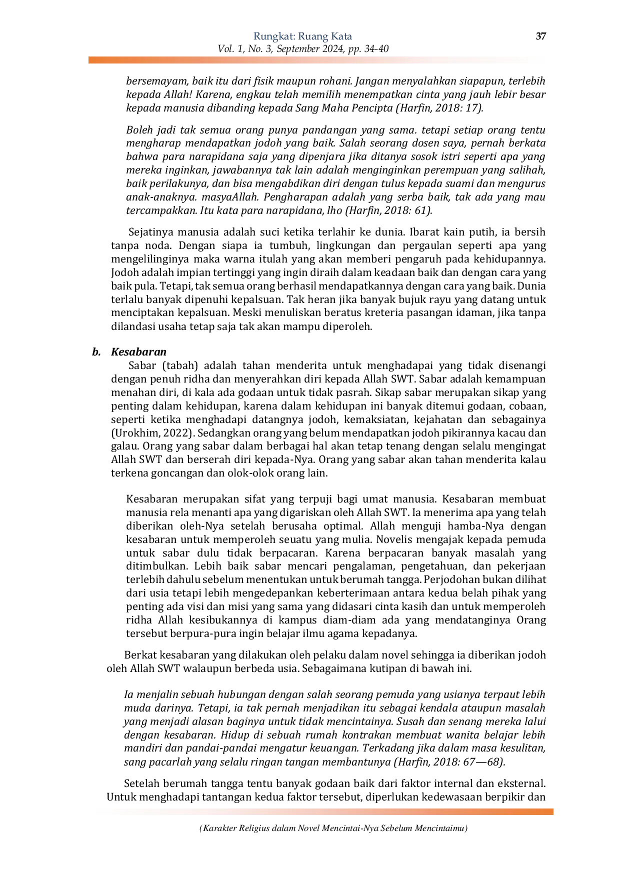 JURIS Karakter Religius dalam Novel Mencintai Nya Sebelum Mencintaimu