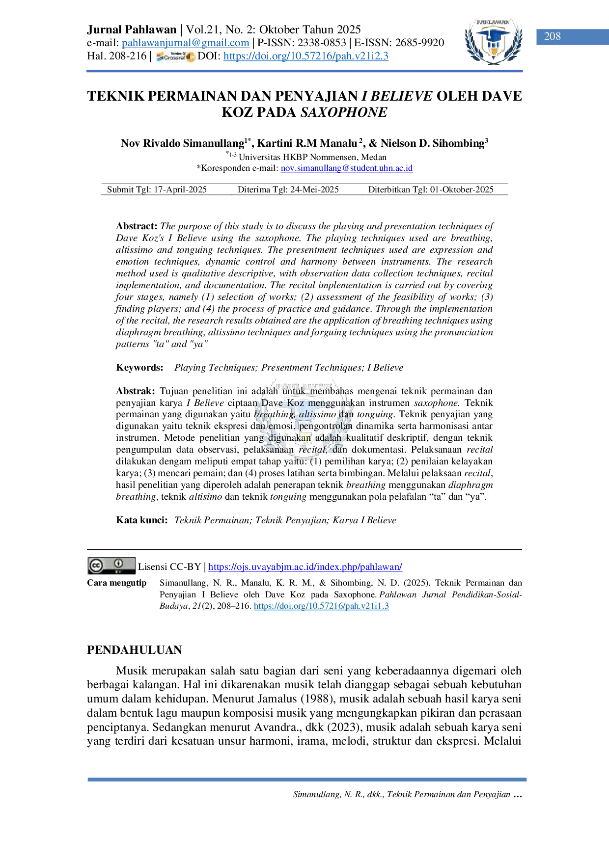 JURIS Teknik Permainan dan Penyajian I Believe Oleh Dave Koz pada Saxophone