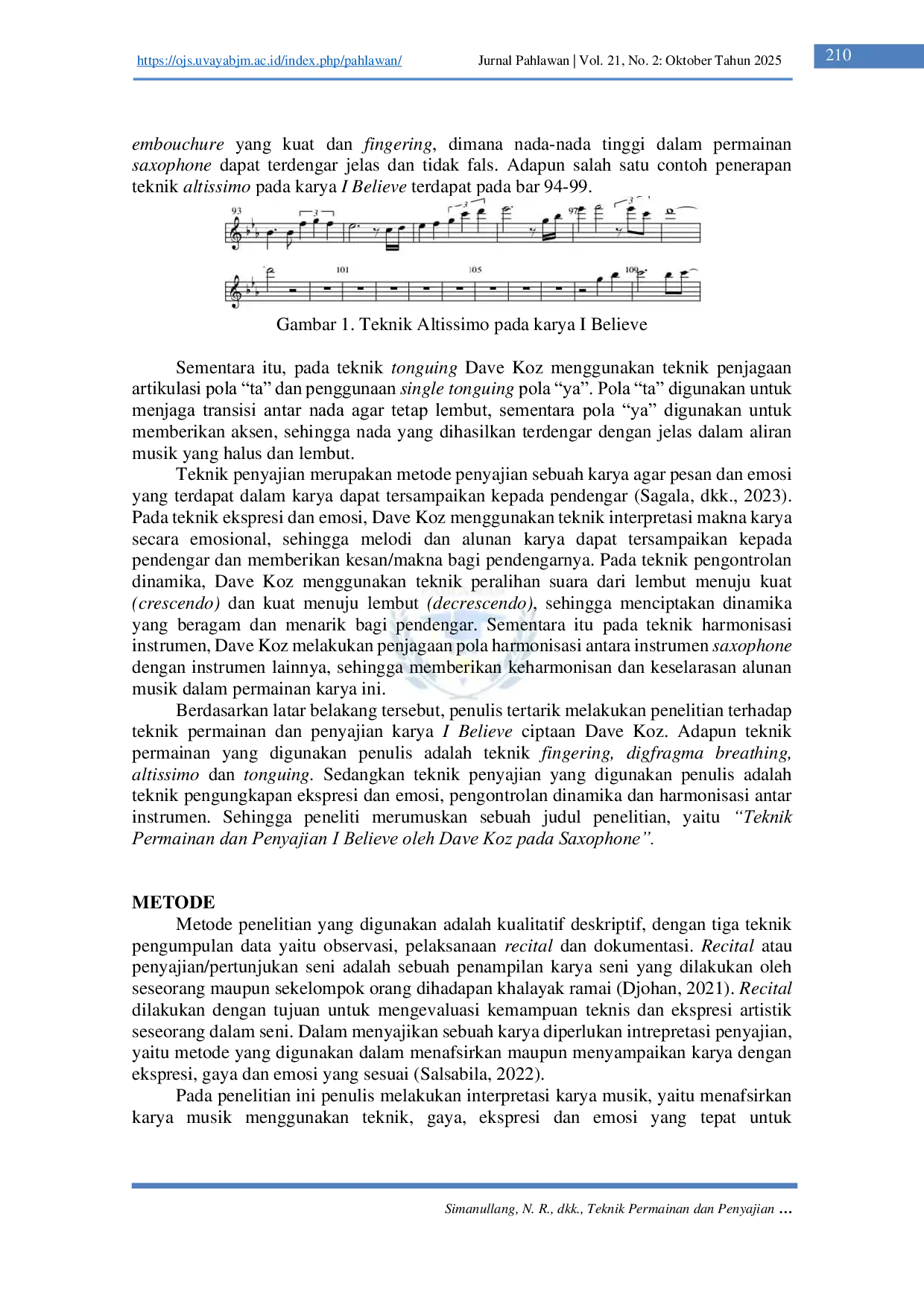 JURIS Teknik Permainan dan Penyajian I Believe Oleh Dave Koz pada Saxophone