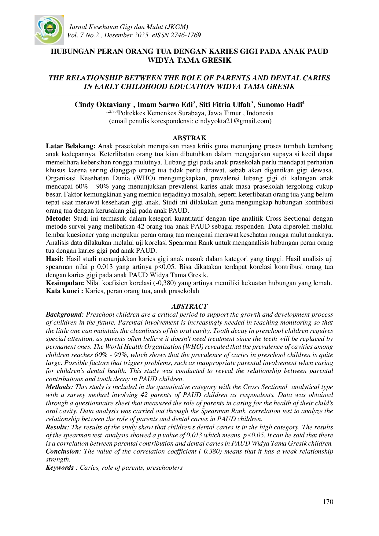 JURIS Hubungan Peran Orang Tua dengan Karies Gigi pada Anak PAUD Widya Tama Gresik