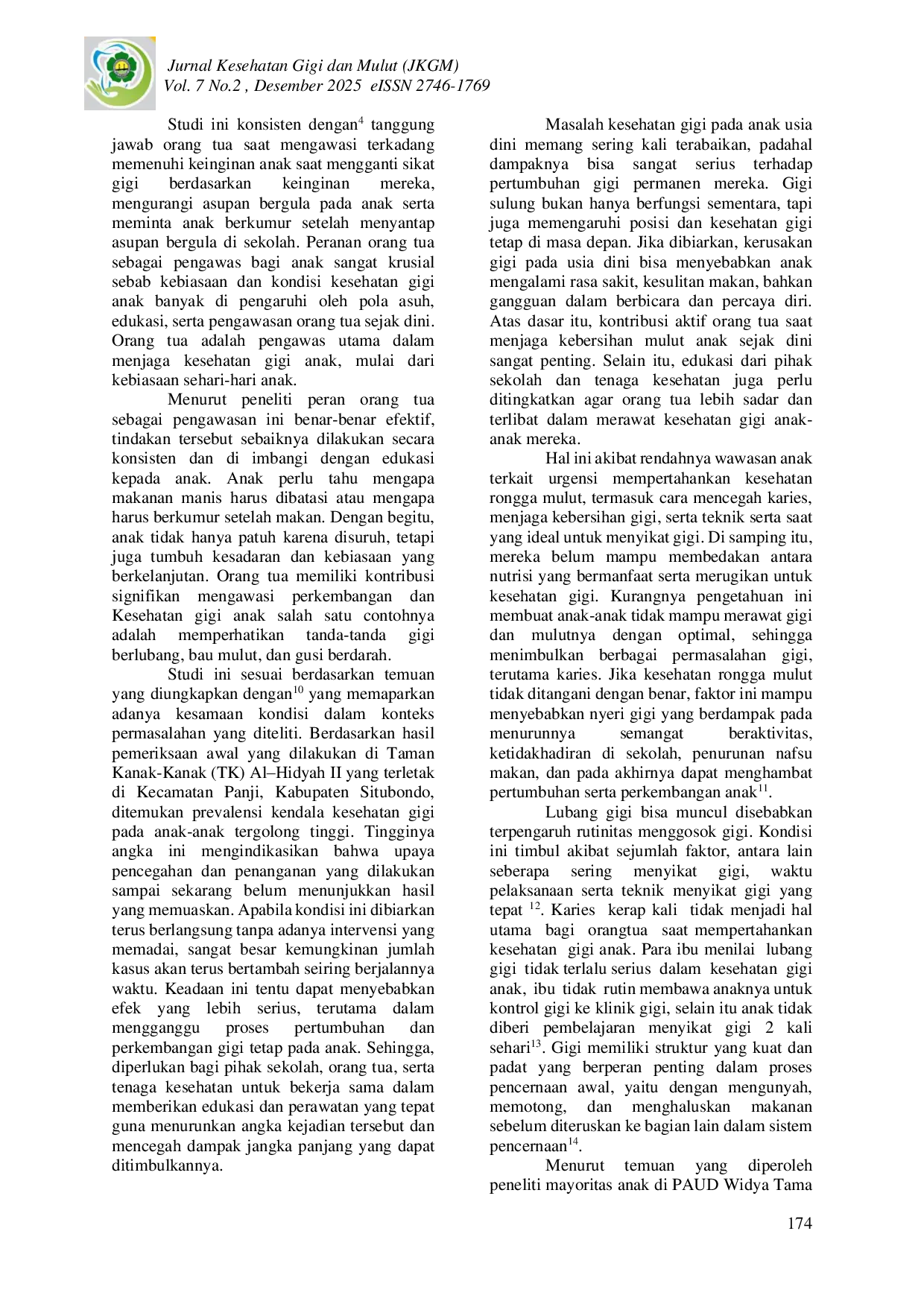 JURIS Hubungan Peran Orang Tua dengan Karies Gigi pada Anak PAUD Widya Tama Gresik