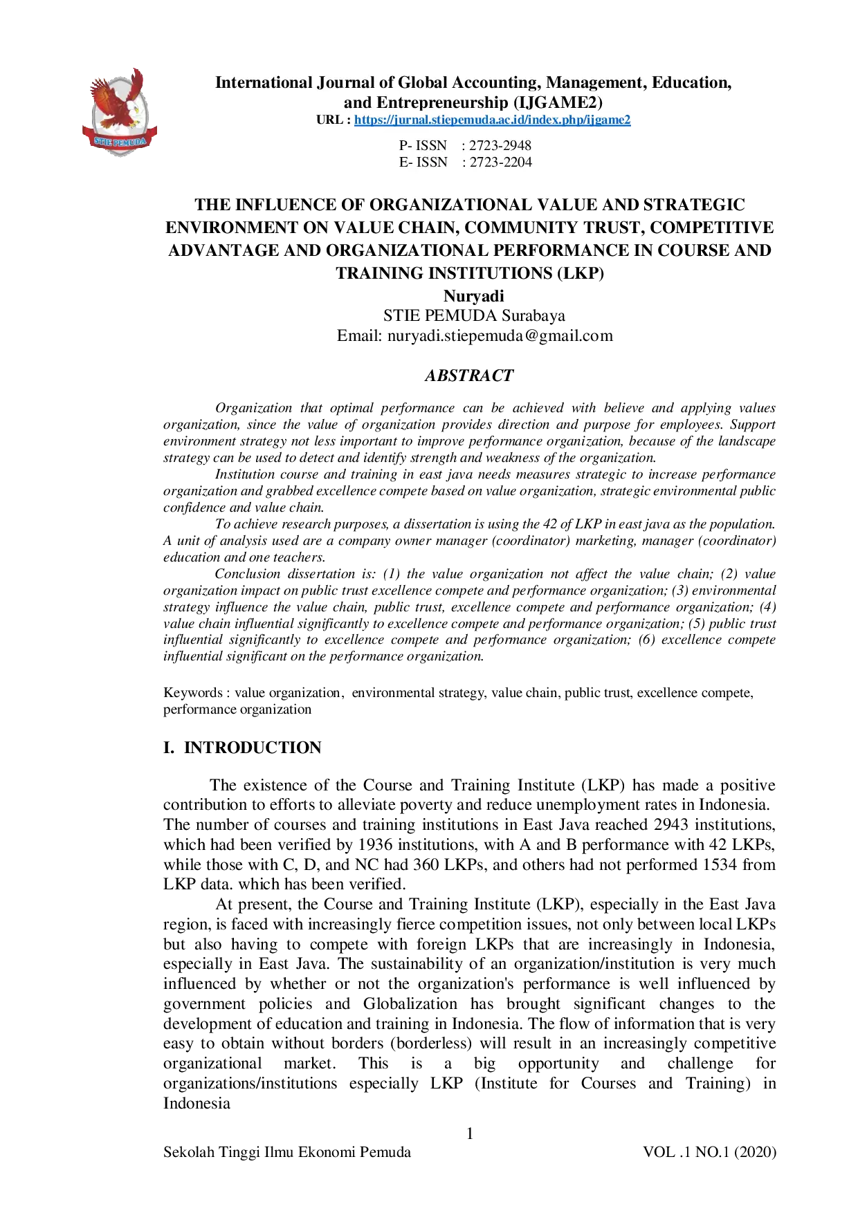 JURIS The Influence Of Organizational Value And Strategic Environment On Value Chain Community Trust Competitive Advantage And Organizational Performance In Course And Training Institutions Lkp