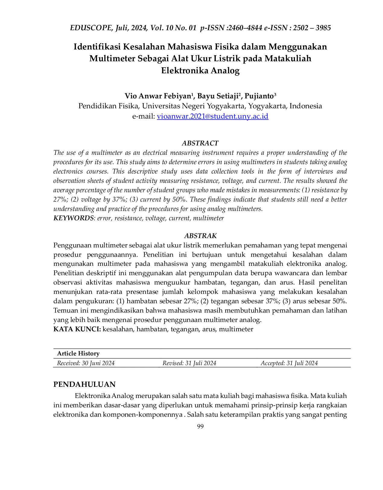 JURIS Identifikasi Kesalahan Mahasiswa Fisika dalam Menggunakan Multimeter Sebagai Alat Ukur Listrik pada Matakuliah Elektronika Analog
