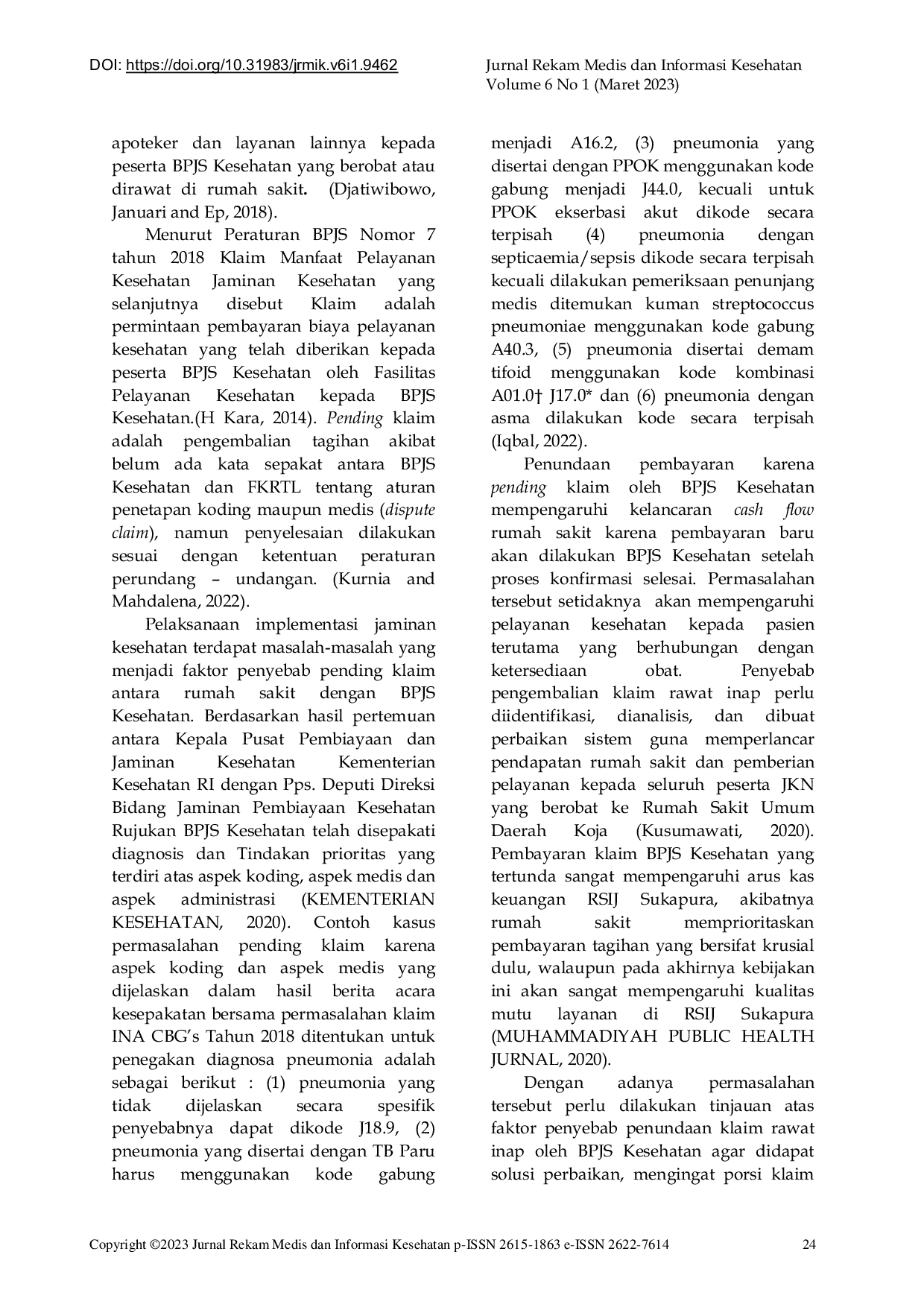 JURIS A Scoping Review Faktor Penyebab Pending Klaim BPJS Kesehatan Rawat Inap di Rumah Sakit