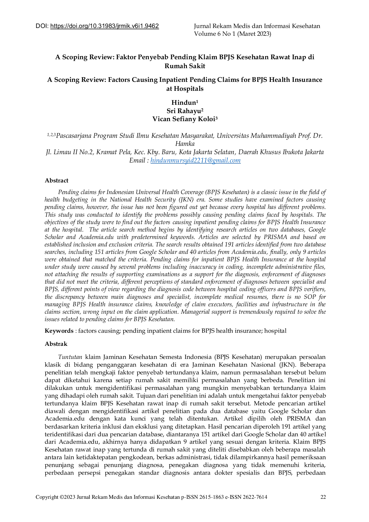 JURIS A Scoping Review Faktor Penyebab Pending Klaim BPJS Kesehatan Rawat Inap di Rumah Sakit