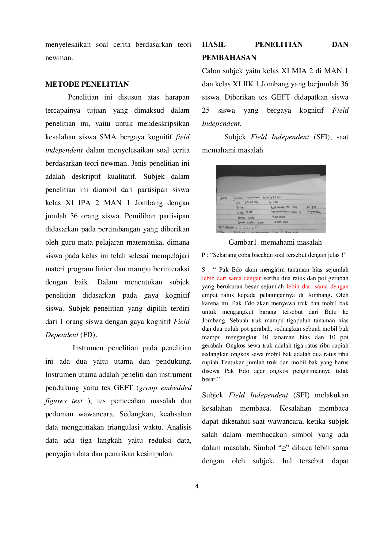 JURIS Analisis Kesalahan Siswa Sma Bergaya Kognitif Field Independent Dalam Menyelesaikan Soal Cerita Berdasarkan Teori Newman