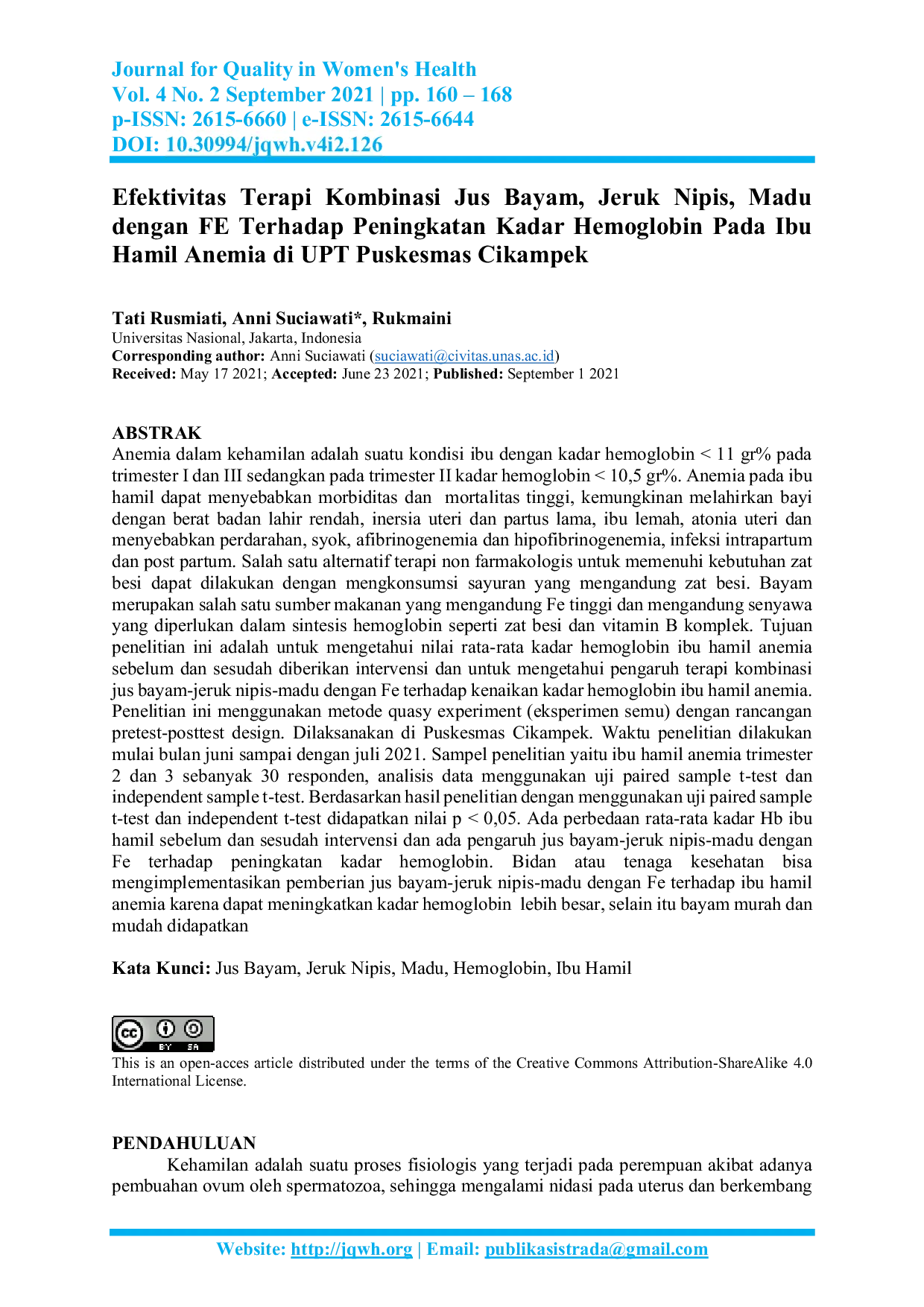 JURIS Efektivitas Terapi Kombinasi Jus Bayam Jeruk Nipis Madu dengan FE Terhadap Peningkatan Kadar Hemoglobin Pada Ibu Hamil Anemia di UPT Puskesmas Cikampek