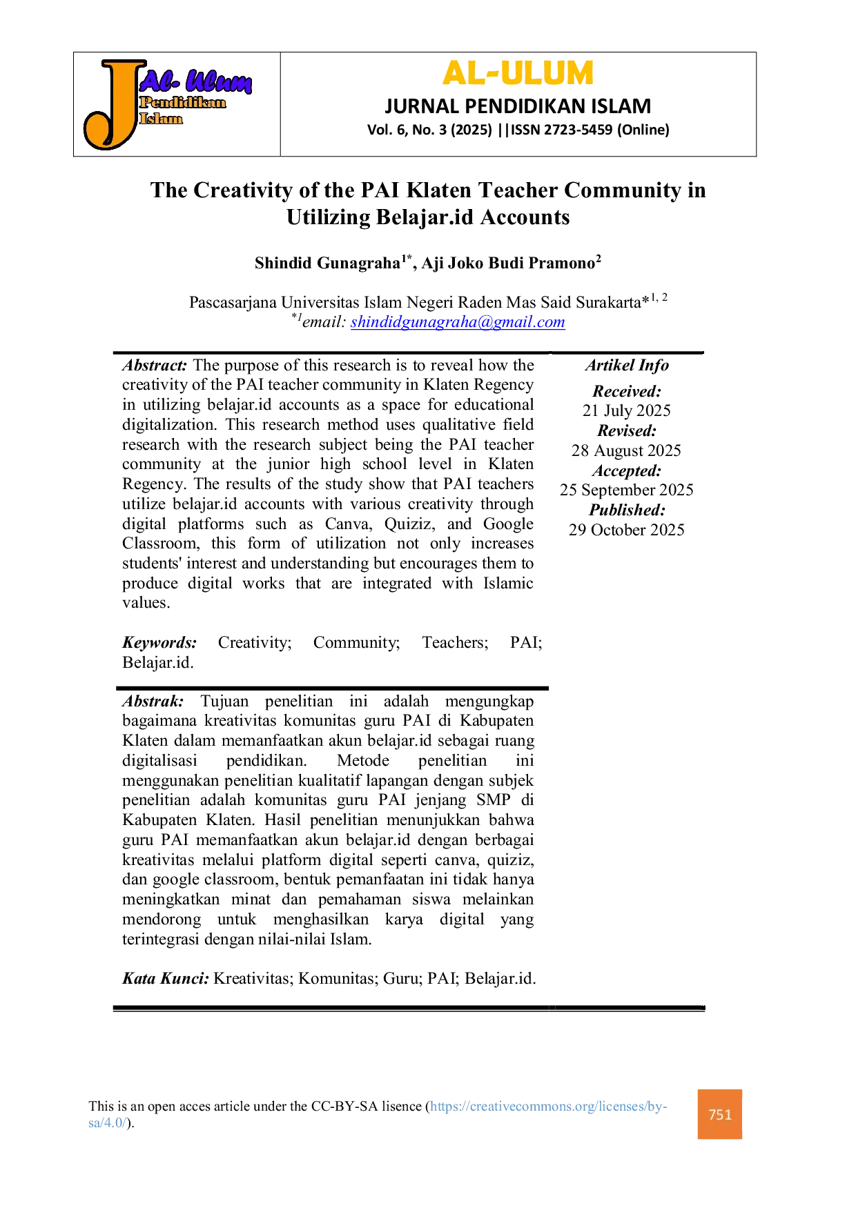 JURIS The Creativity of the PAI Klaten Teacher Community in Utilizing Belajar Accounts