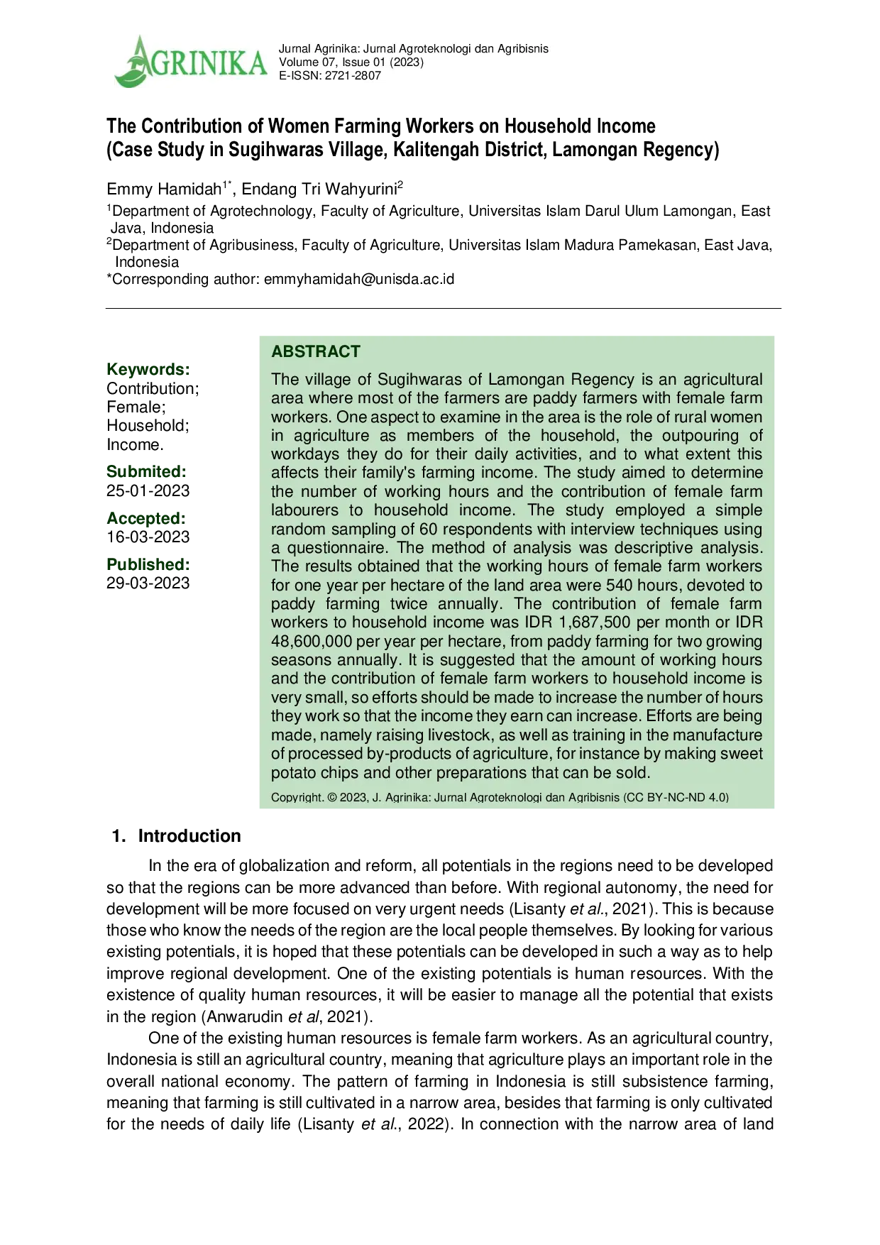 JURIS The Contribution of Women Farming Workers on Household Income Case Study in Sugihwaras Village Kalitengah District Lamongan Regency