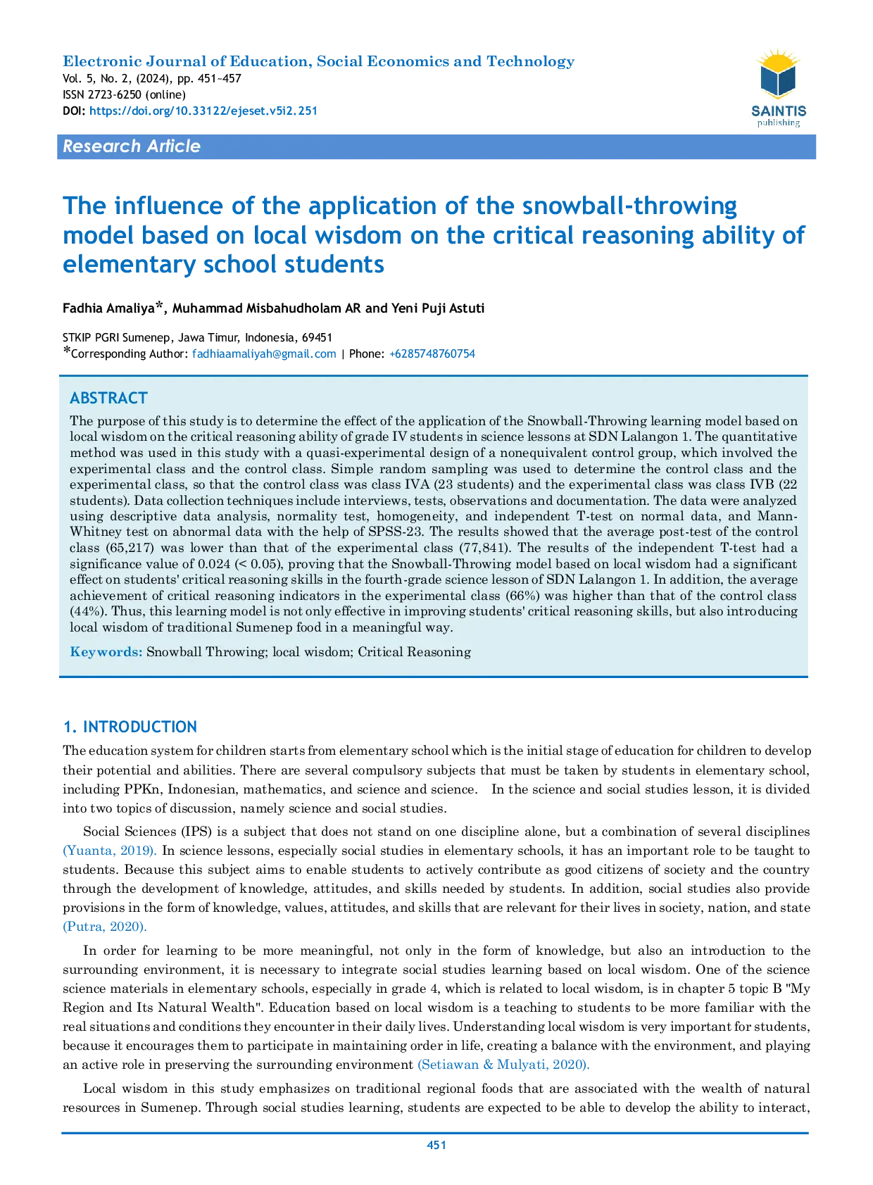 JURIS The Influence of the Application of the Snowball Throwing Model Based on Local Wisdom on the Critical Reasoning Ability of Elementary School Students