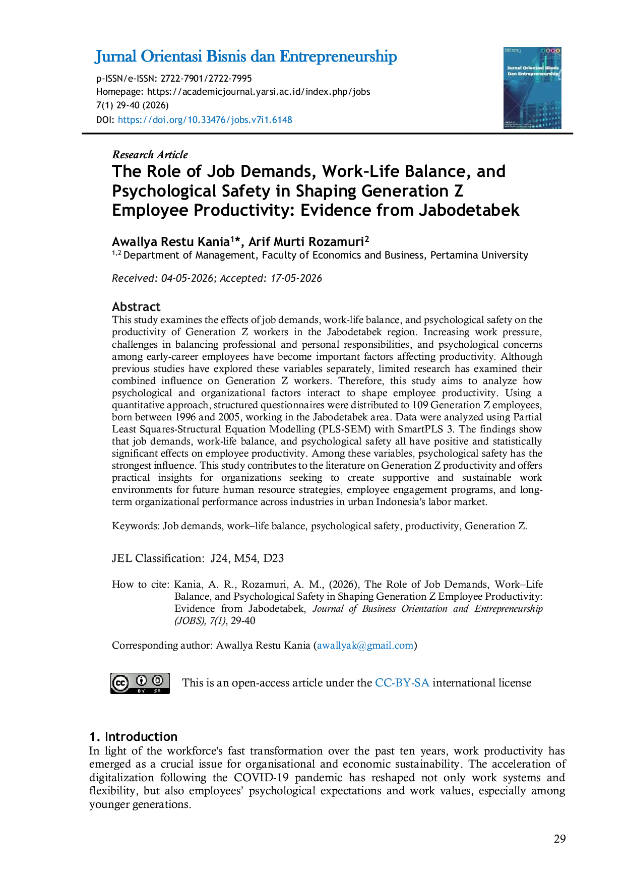 JURIS The Role of Job Demands Work Life Balance and Psychological Safety in Shaping Generation Z Employee Productivity Evidence from Jabodetabek