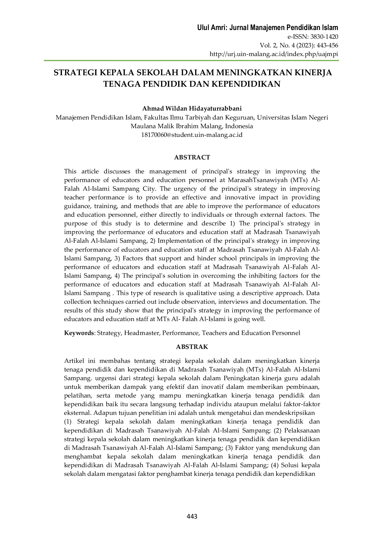 JURIS Strategi Kepala Sekolah dalam Meningkatkan Kinerja Tenaga Pendidik dan Kependidikan