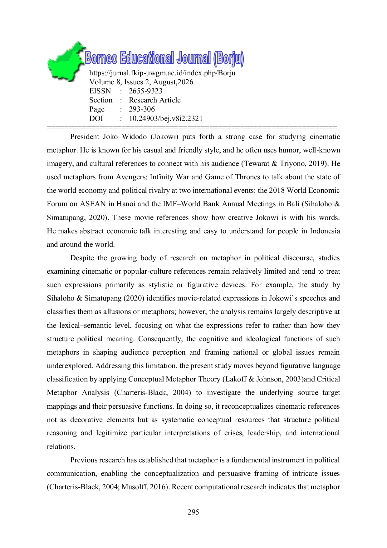 JURIS Cinematic Metaphors in Jokowi s International Political Speeches A Conceptual Metaphor Theory Analysis