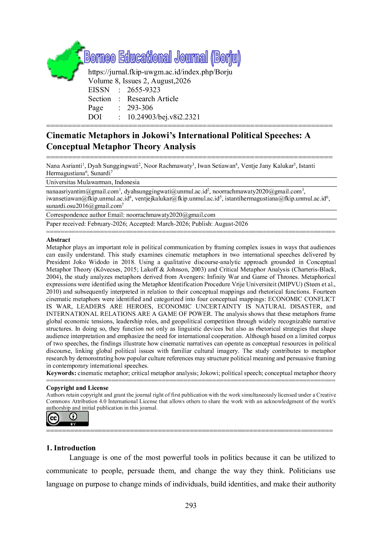 JURIS Cinematic Metaphors in Jokowi s International Political Speeches A Conceptual Metaphor Theory Analysis