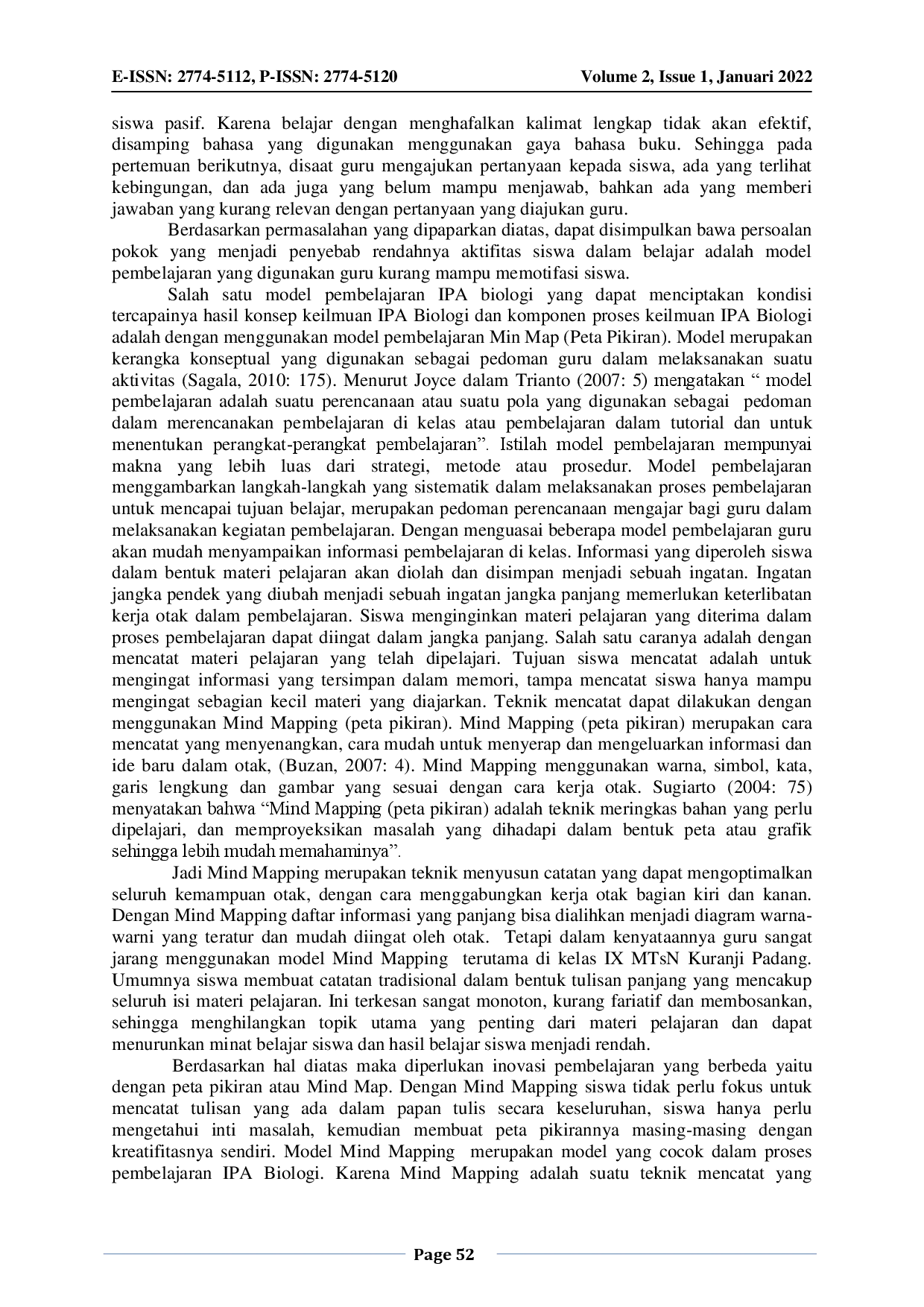 JURIS Peningkatan Aktivitas Siswa Melalui Penggunaan Model Pembelajaran Mind Mapping Peta Pikiran Dalam Pembelajaran Biologi di Kelas IX MTsN Kuranji Padang