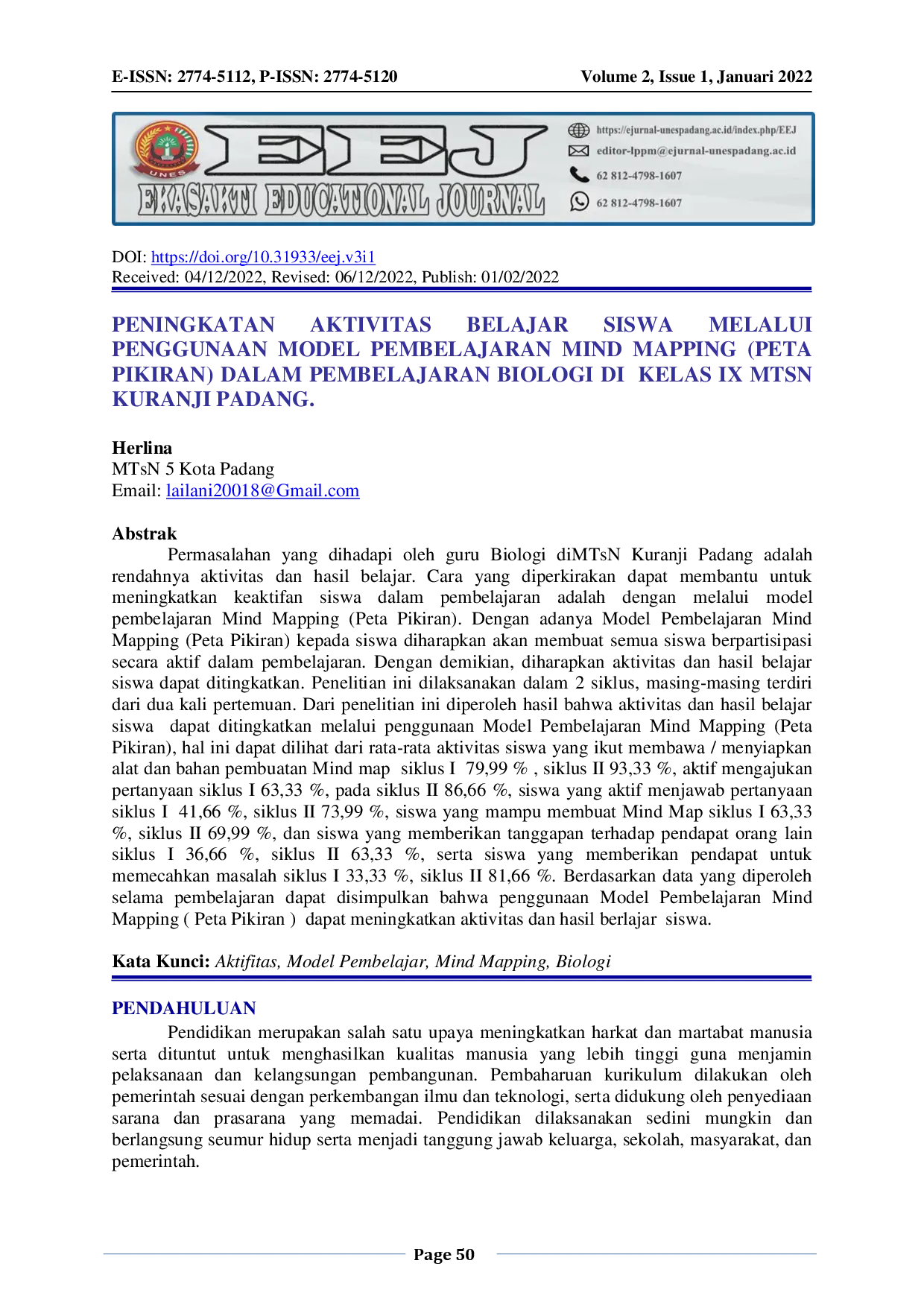 JURIS Peningkatan Aktivitas Siswa Melalui Penggunaan Model Pembelajaran Mind Mapping Peta Pikiran Dalam Pembelajaran Biologi di Kelas IX MTsN Kuranji Padang