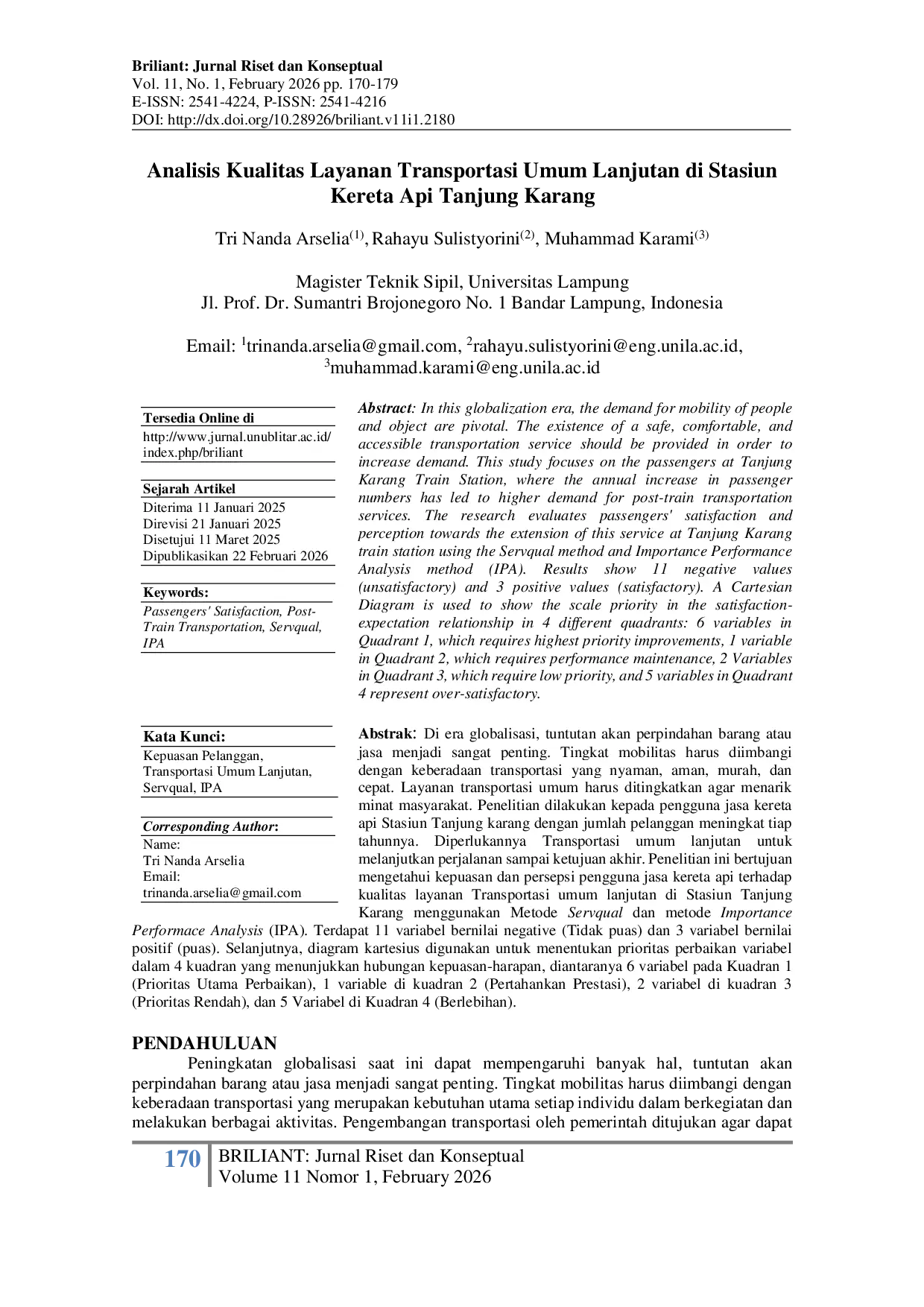 JURIS Analisis Kualitas Layanan Transportasi Umum Lanjutan di Stasiun Kereta Api Tanjung Karang