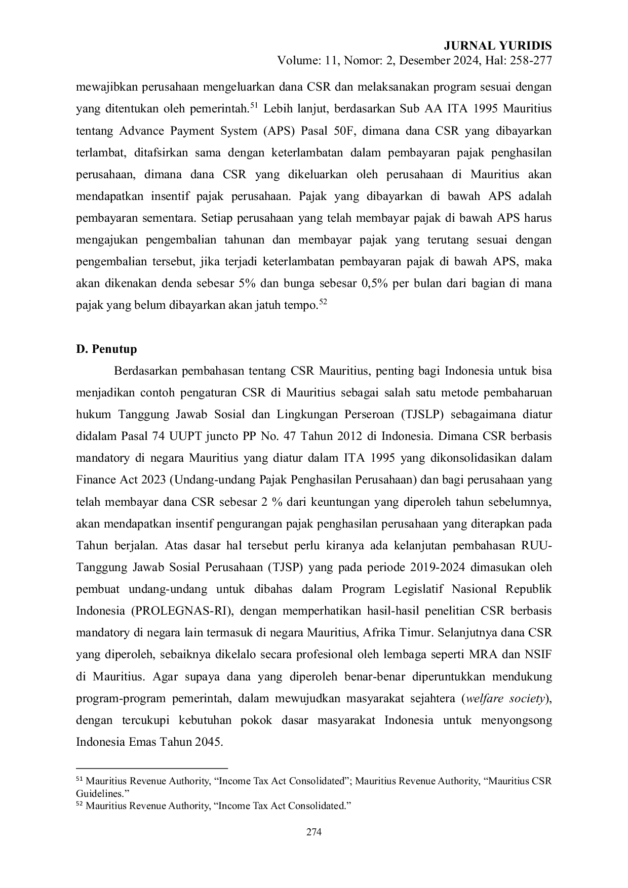 JURIS TelAAh TerHADap PengAturan Corporate Social Responsibility CSR BerBasis Mandatory Di Negara Mauritius