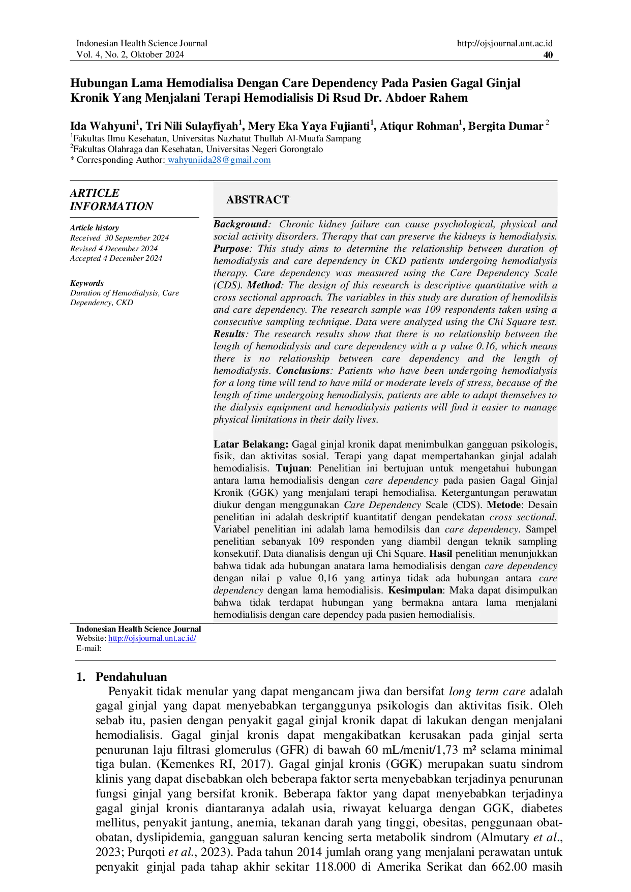 JURIS Hubungan Lama Hemodialisa Dengan Care Dependency Pada Pasien Gagal Ginjal Kronik Yang Menjalani Terapi Hemodialisis Di Rsud Dr Abdoer Rahem