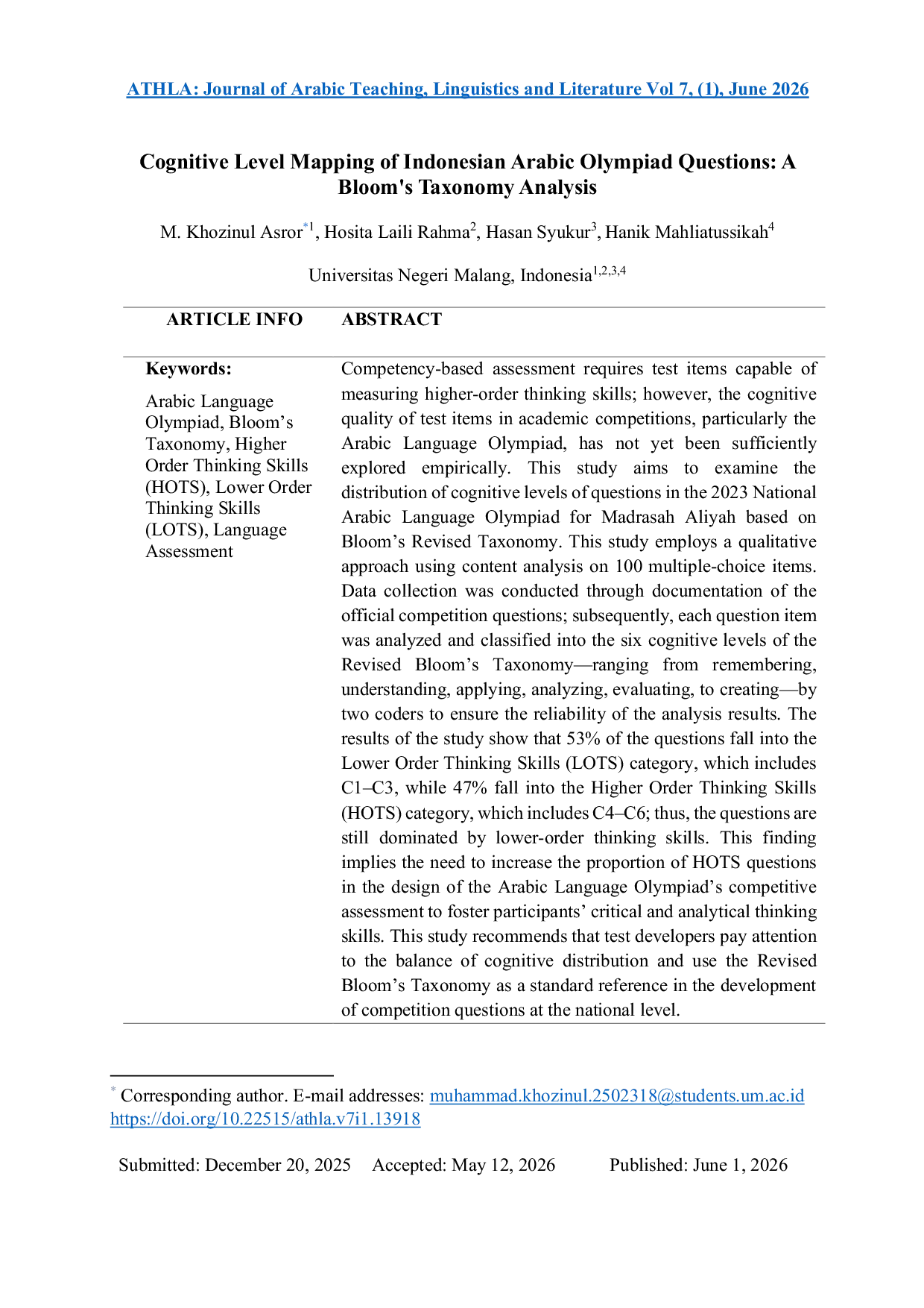 JURIS Cognitive Level Mapping of Indonesian Arabic Olympiad Questions A Bloom s Taxonomy Analysis